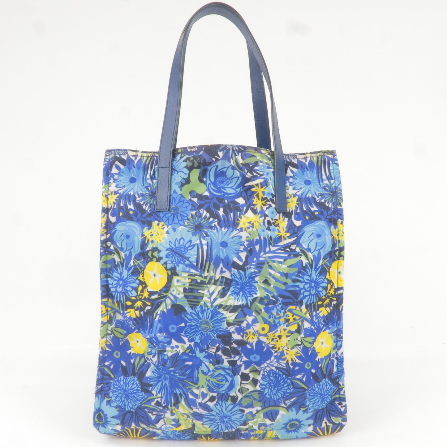 PRADA Logo Nylon Leather Tote Bag Floral Print Blue BN2851