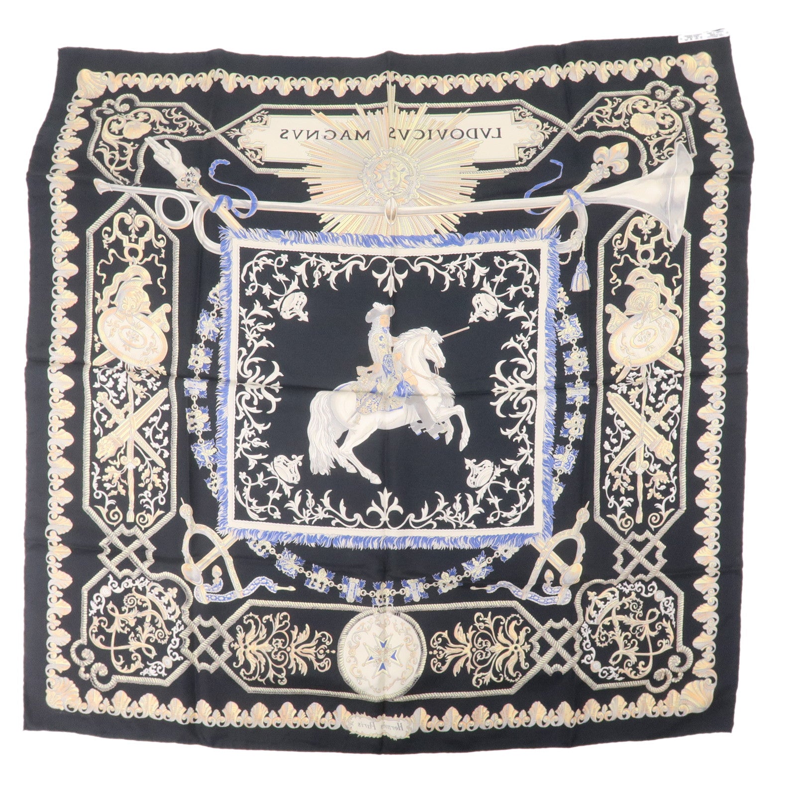 HERMES-Scarf-Silk-100%-Carre-90-LVDOVICVS-MAGNVS-Black