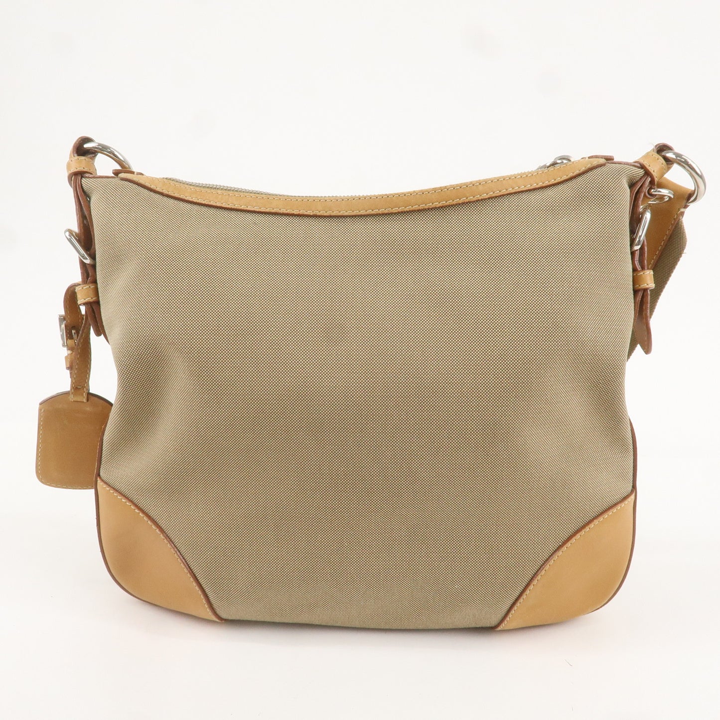 PRADA Logo Jaquard Leather Shoulder Bag Beige Brown