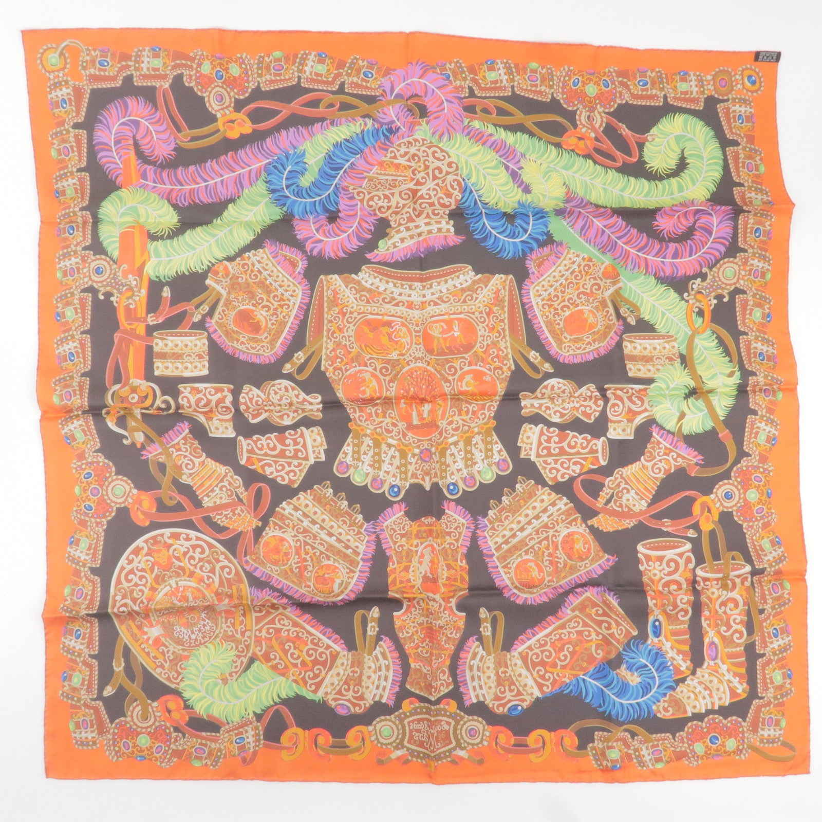 HERMES Carre 90 100% Silk  Scarf War God Mars Black Orange