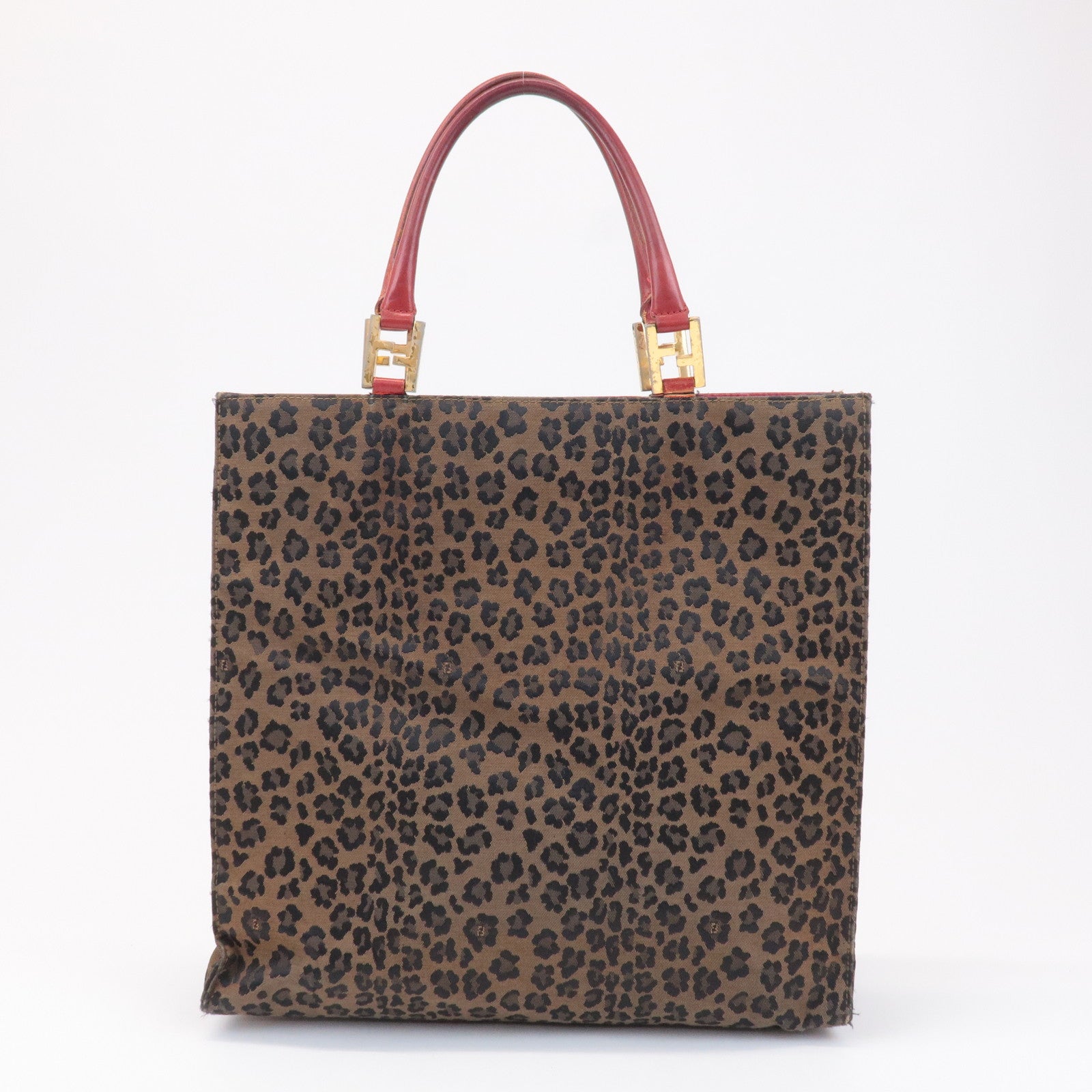 FENDI Canvas Leather Leopard Tote Bag Hand Bag Brown Red