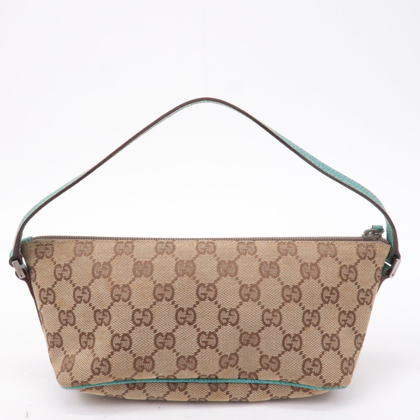GUCCI Boat Bag GG Canvas Leather Pouch Emerald Green Beige 07198