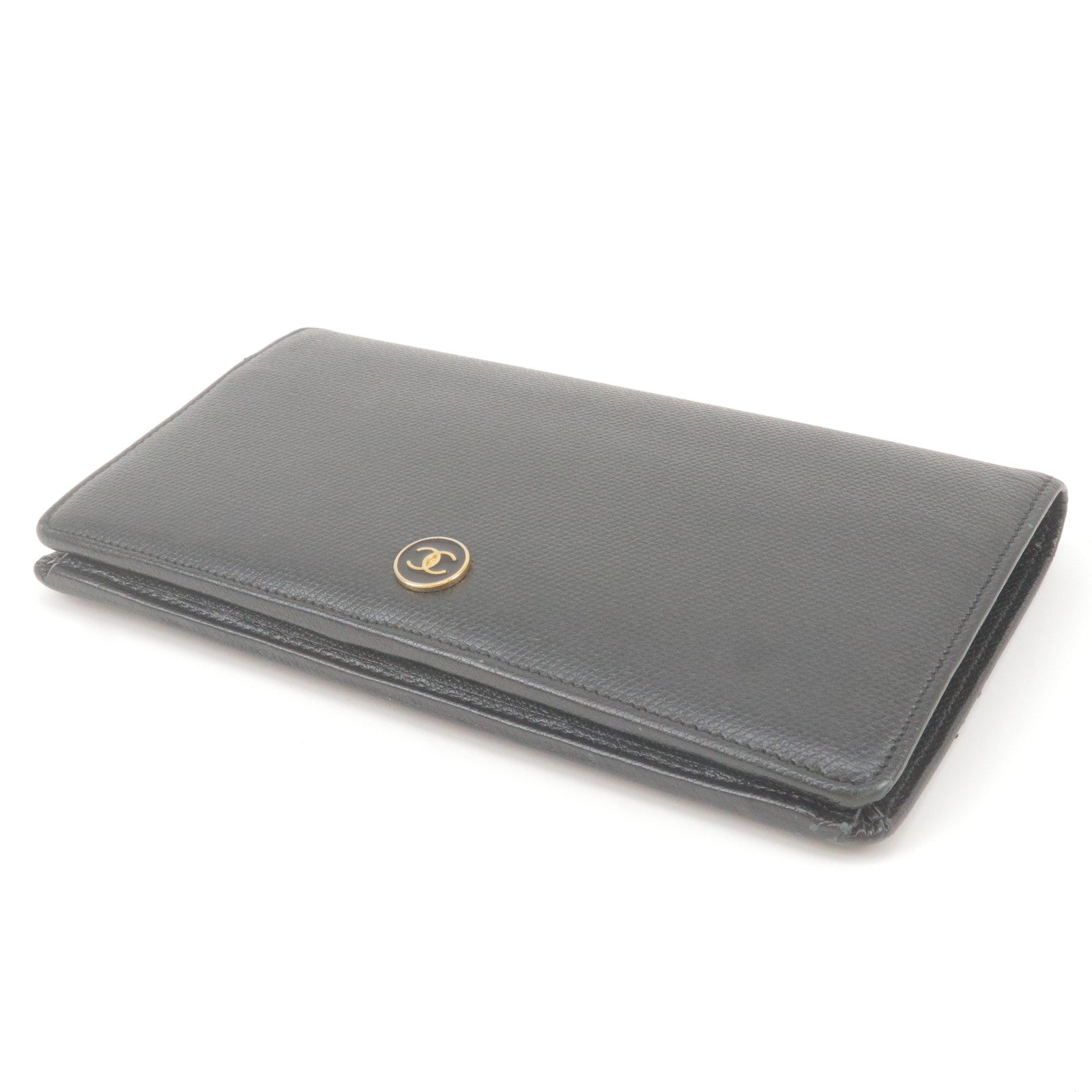 Shop CHANEL Calfskin Plain Leather Folding Wallet Logo Folding
