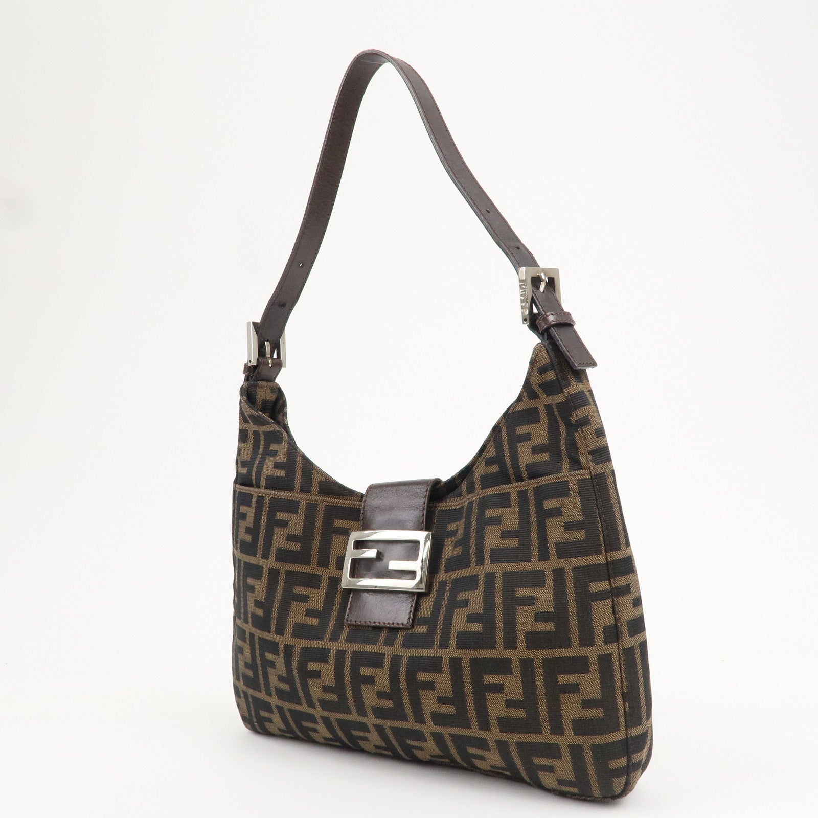 FENDI Zucca Canvas Leather Shoulder Bag Brown Black 26569