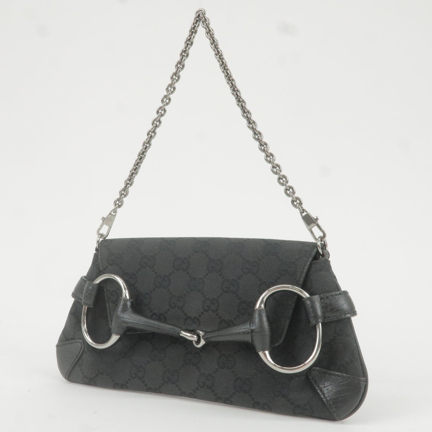 GUCCI Horsebit GG Canvas Leather Chain Shoulder Bag Black 114923