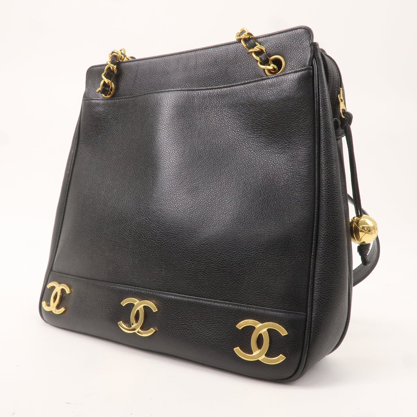 CHANEL Caviar Skin Triple Coco Chain Tote Bag Black Gold