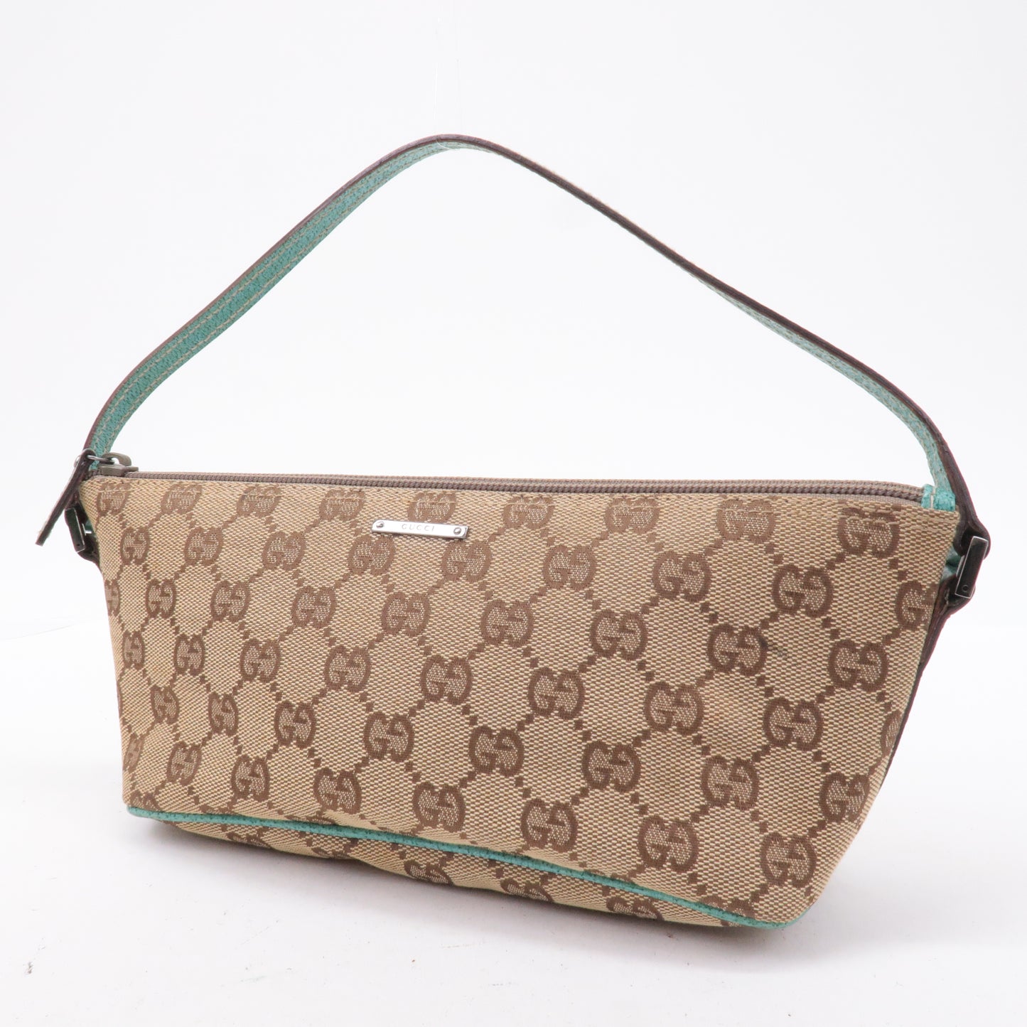 GUCCI Boat Bag GG Canvas Leather Pouch Emerald Green Beige 07198