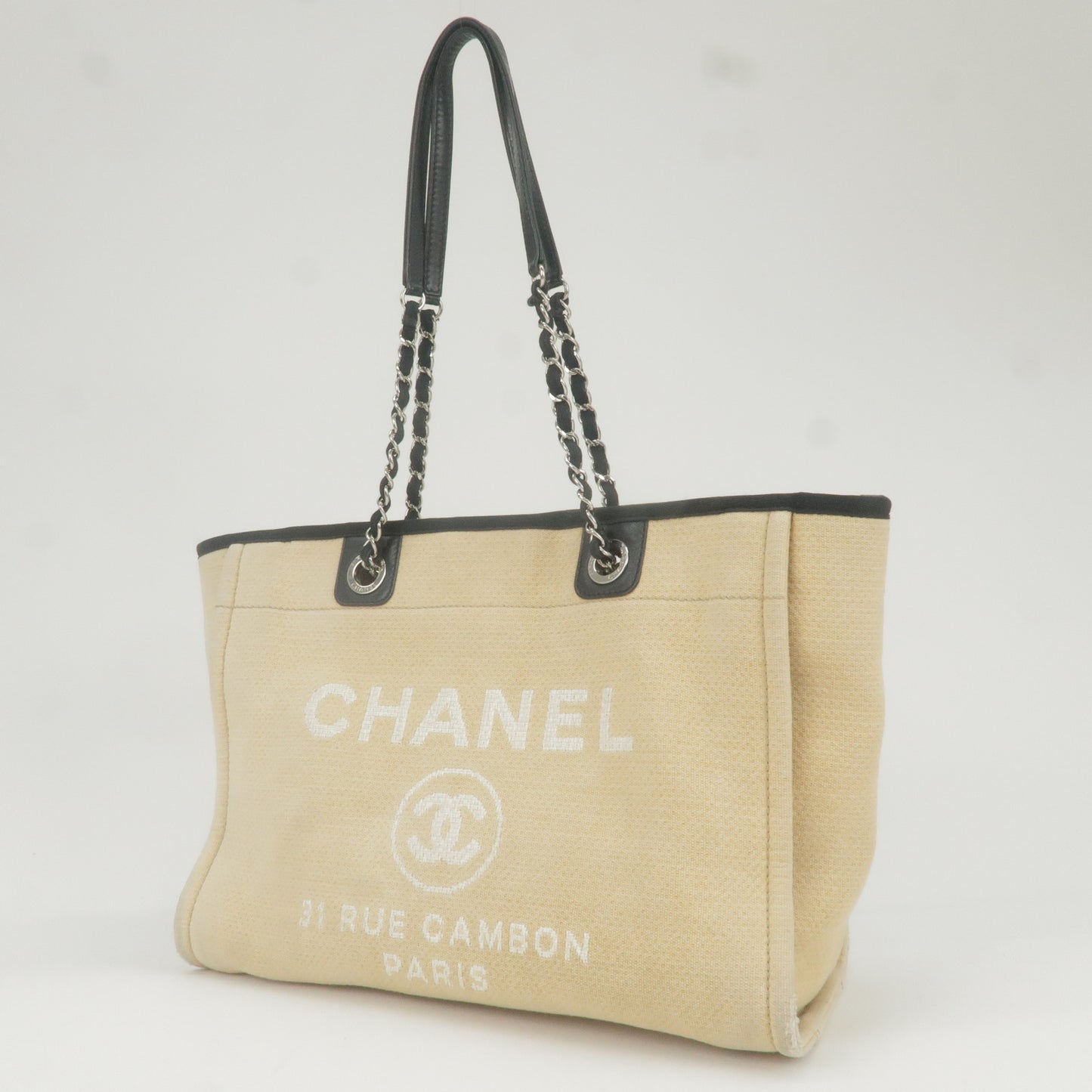 CHANEL Deauville MM Canvas Leather Chain Tote Bag Beige A67001