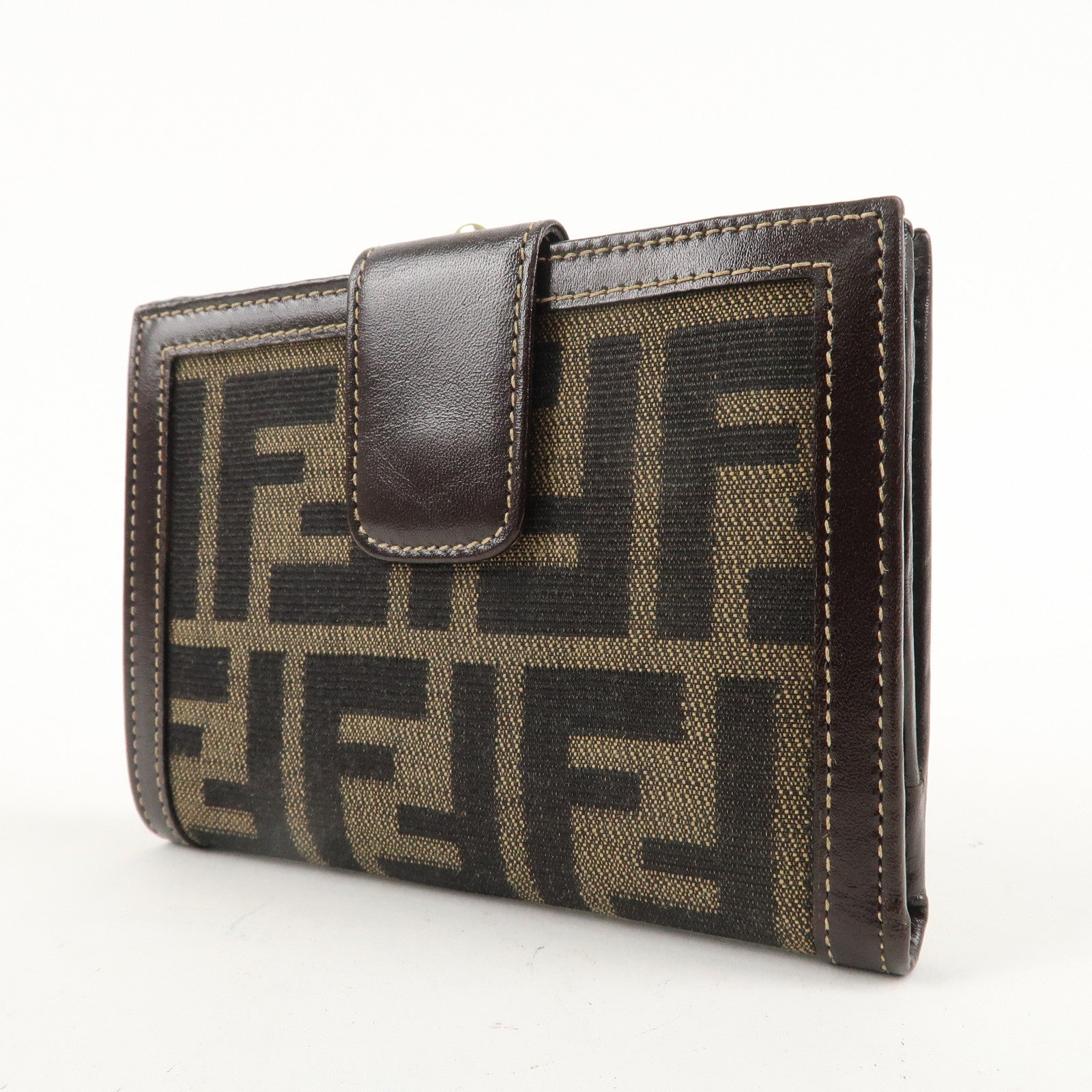 FENDI Zucca Canvas Leather Bi-Fold Wallet Brown Black G1377