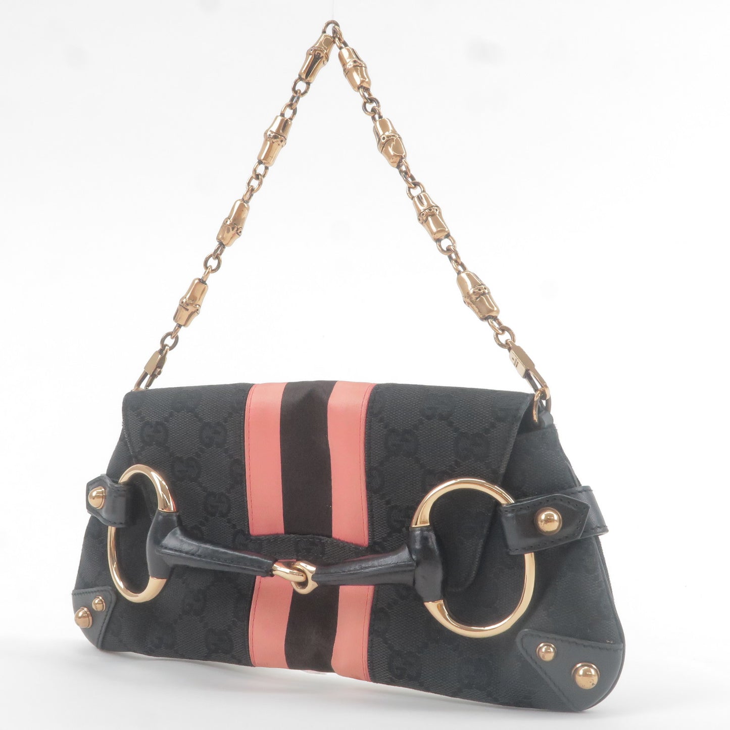 GUCCI Horsebit GG Canvas Leather Shoulder Bag Black Pink 129497
