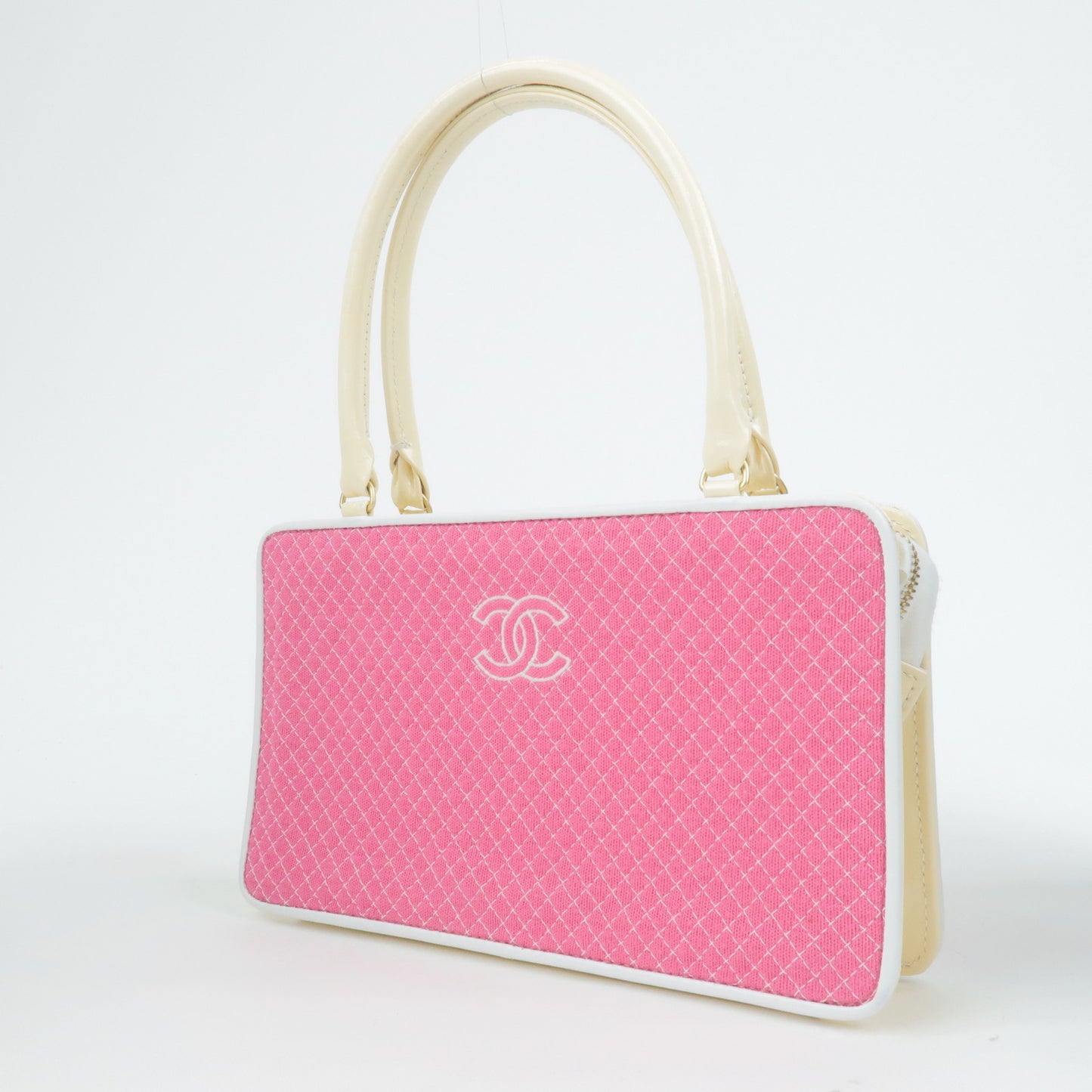 CHANEL CC Logo Canvas Enamel Hand Bag Pink Beige