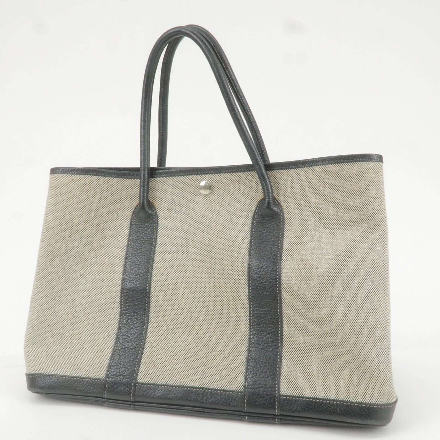 HERMES Garden Party PM Toile Ash Leather Tote Bag Gray Black