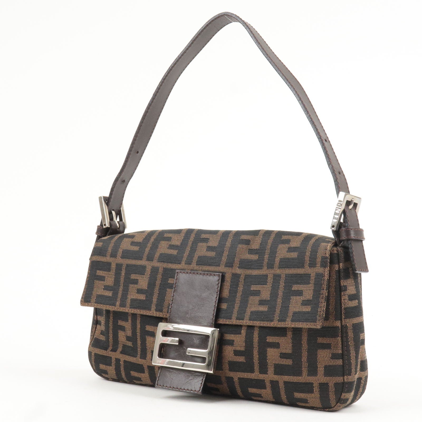 FENDI Zucca Mamma Baguette Canvas Leather Shoulder Bag Brown 26424