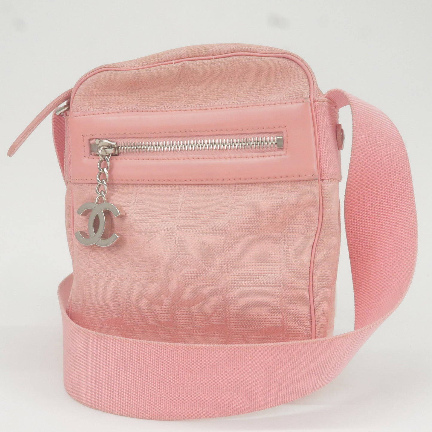 CHANEL Travel Line Nylon Jacquard Leather Shoulder Bag Pink A30913