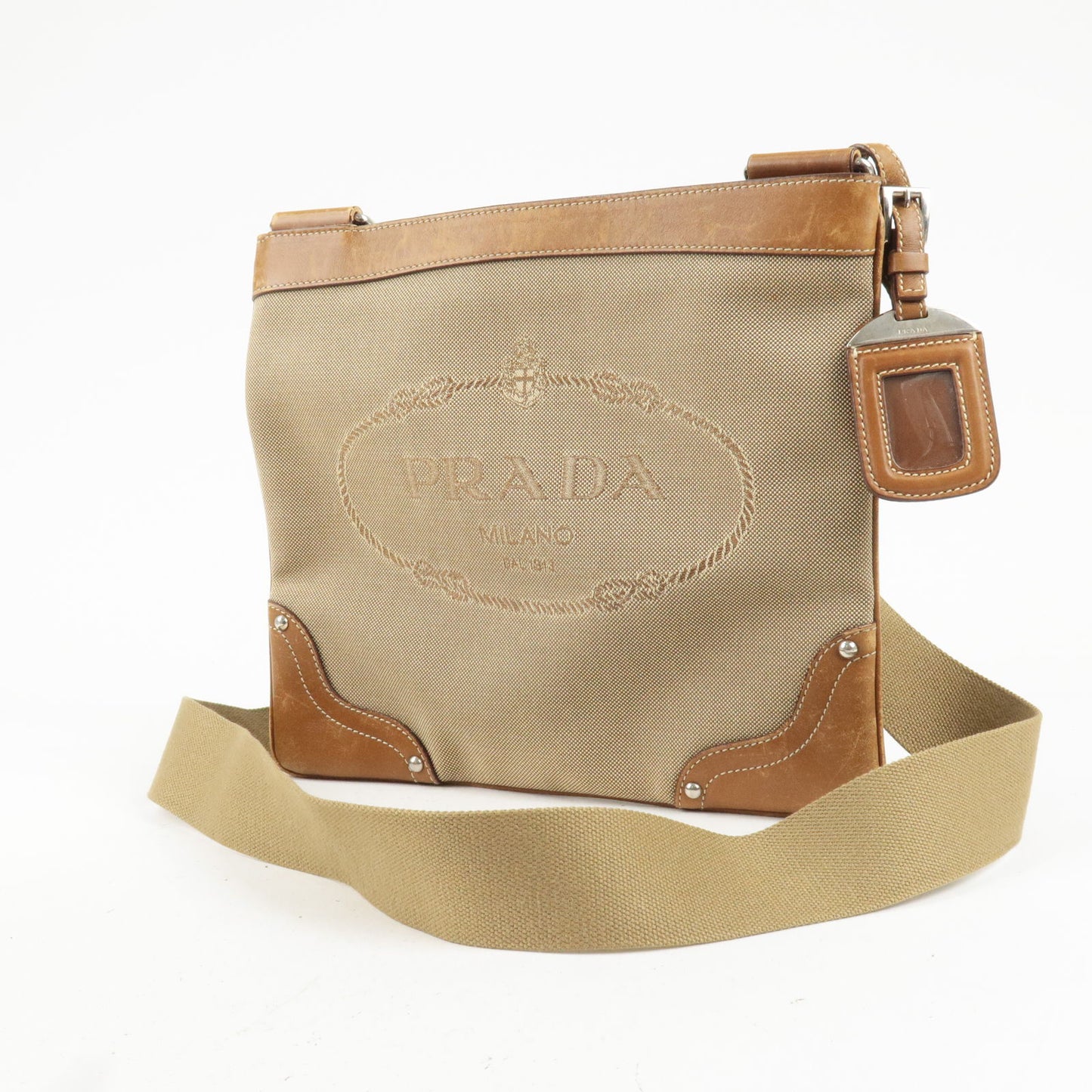 PRADA Logo Jacquard Leather Shoulder Bag Beige Brown BT0537