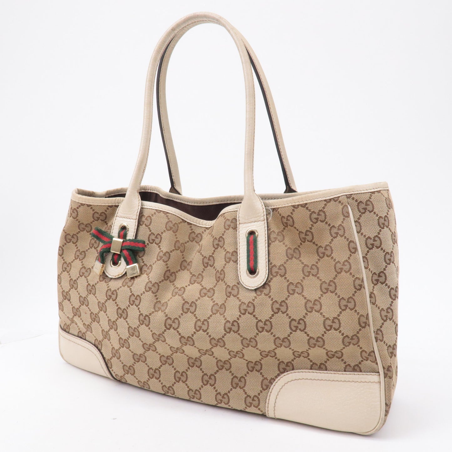 GUCCI Sherry Princy GG Canvas Leather Tote Bag Beige Ivory 163805