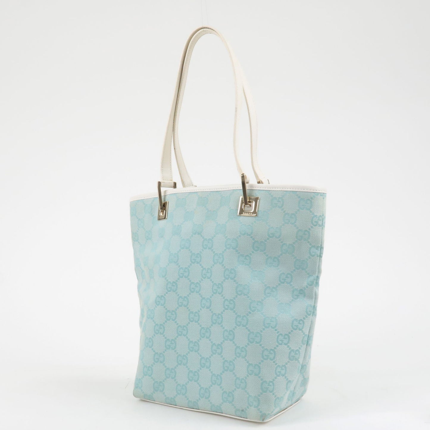 GUCCI GG Canvas Leather Tote Bag Light Blue 002.1099