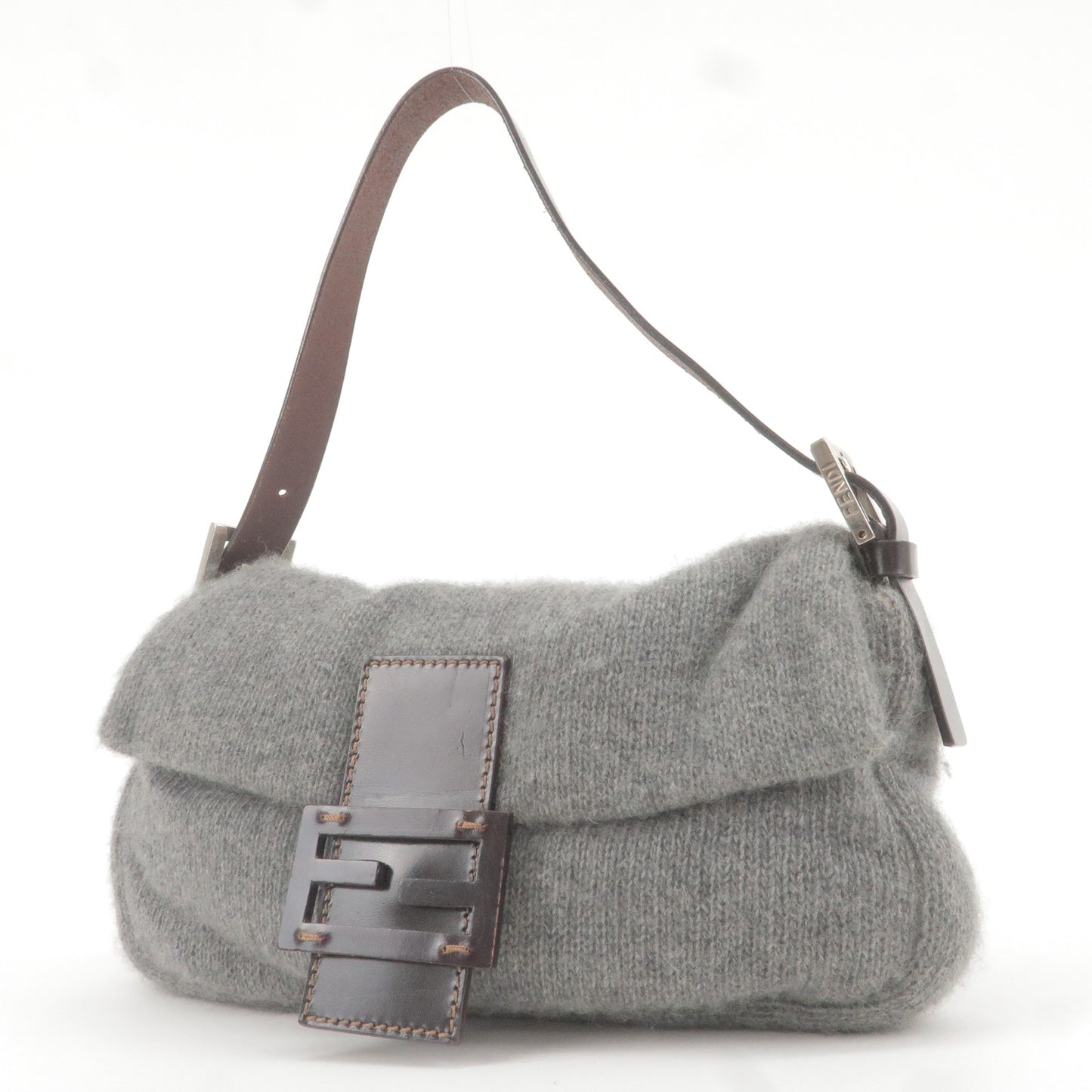 FENDI Mamma Baguette Knit Leather Shoulder Bag Gray 26424
