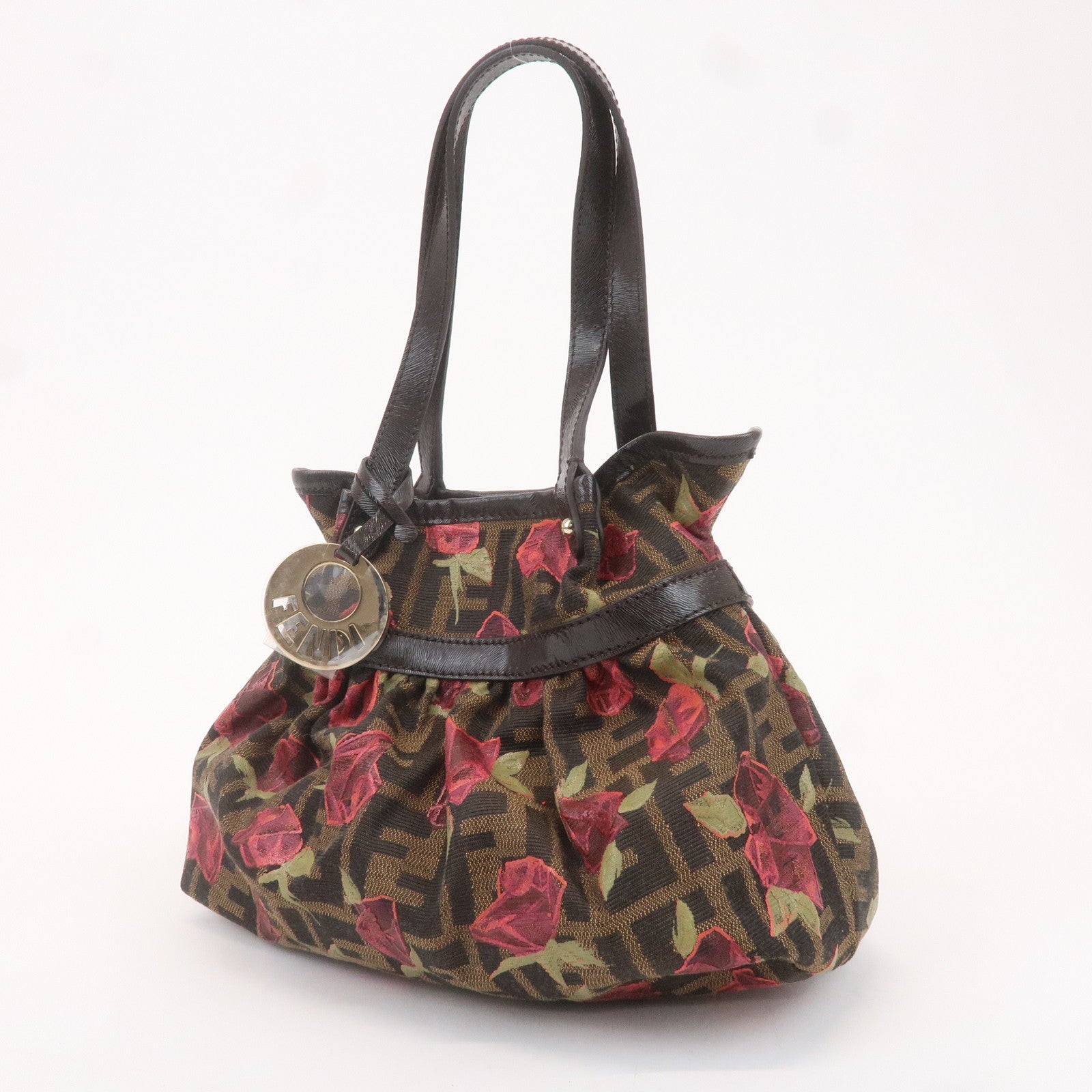 FENDI Zucca Canvas Leather Rose Print Hand Bag Brown Black 8BH212