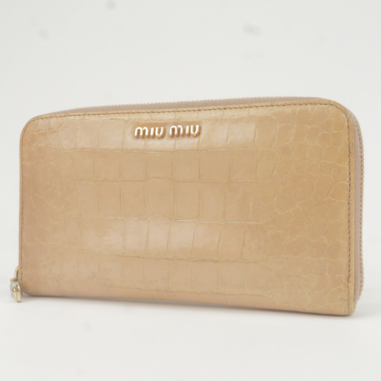 MIU MIU Leather Round Zippy Long Wallet Beige