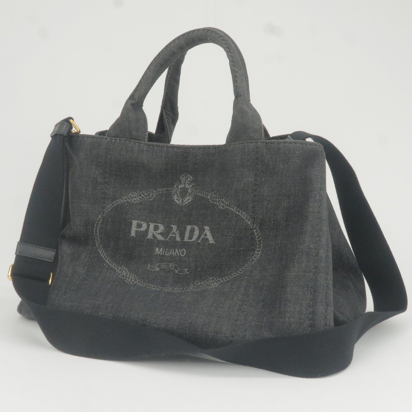 PRADA Logo Canapa Denim Tote Bag Hand Bag NERO Black B2642B