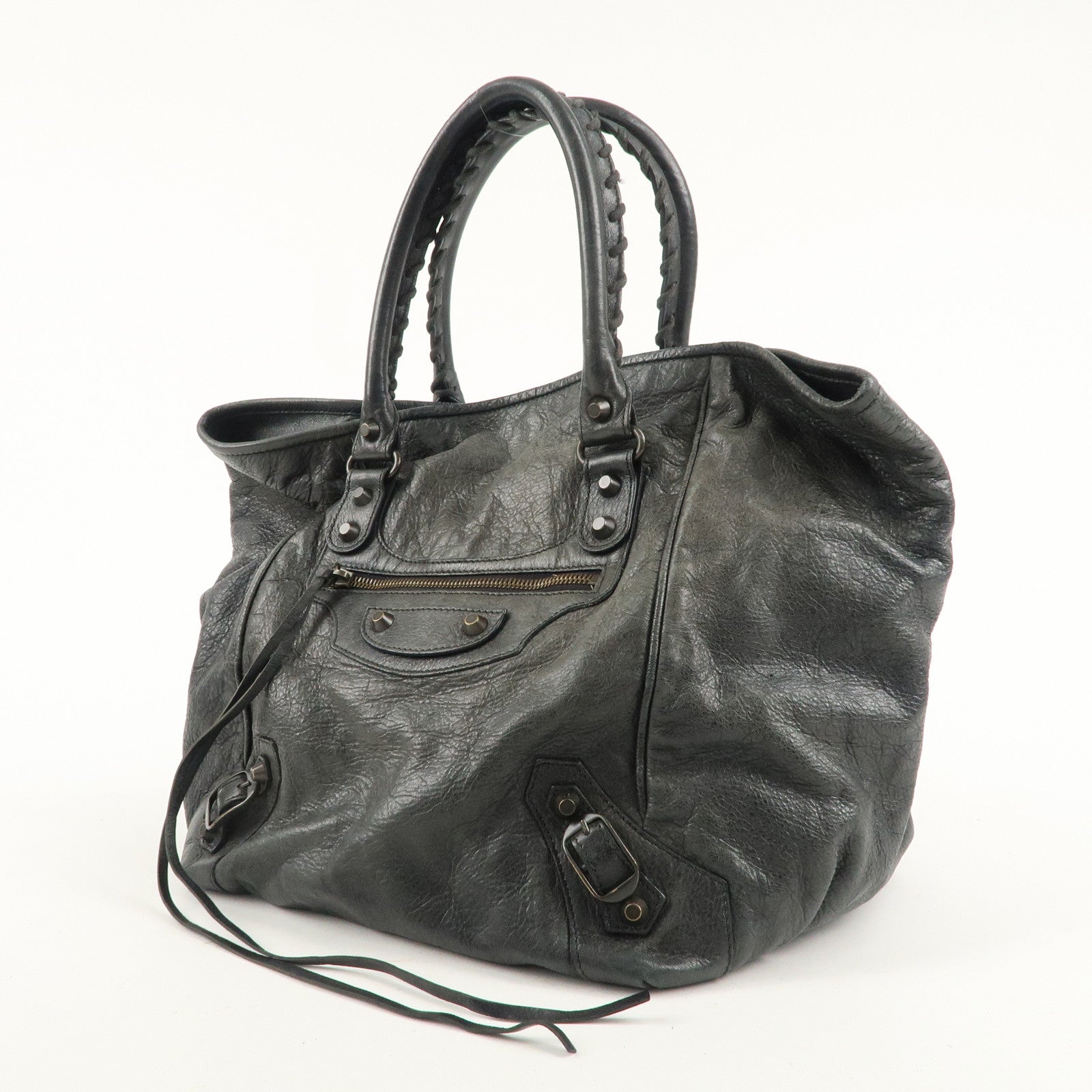 BALENCIAGA Leather The Sunday Tote Hand Bag Dark Gray 228750