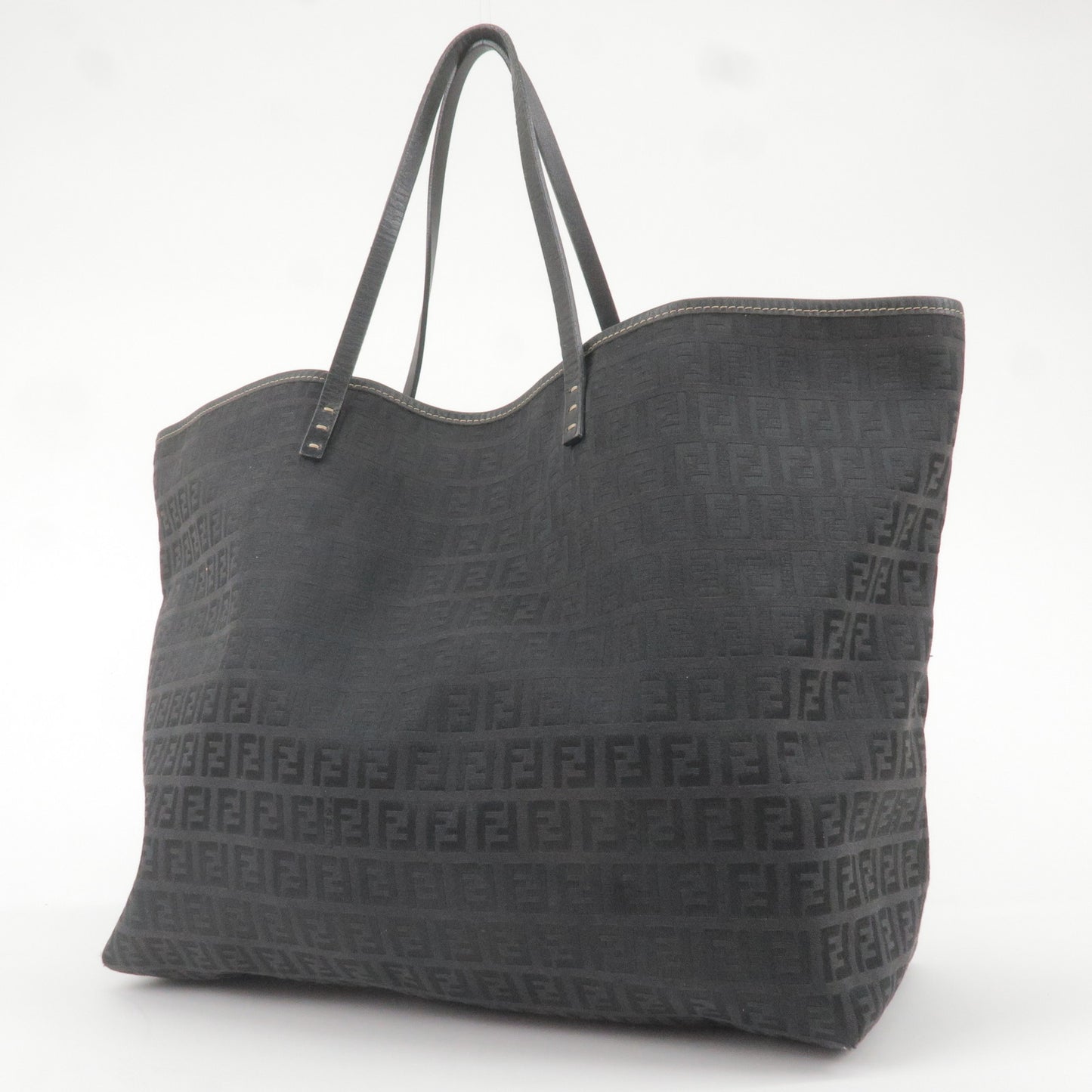 FENDI Zucchino Canvas Leather Tote Bag Hand Bag Black 8BH005