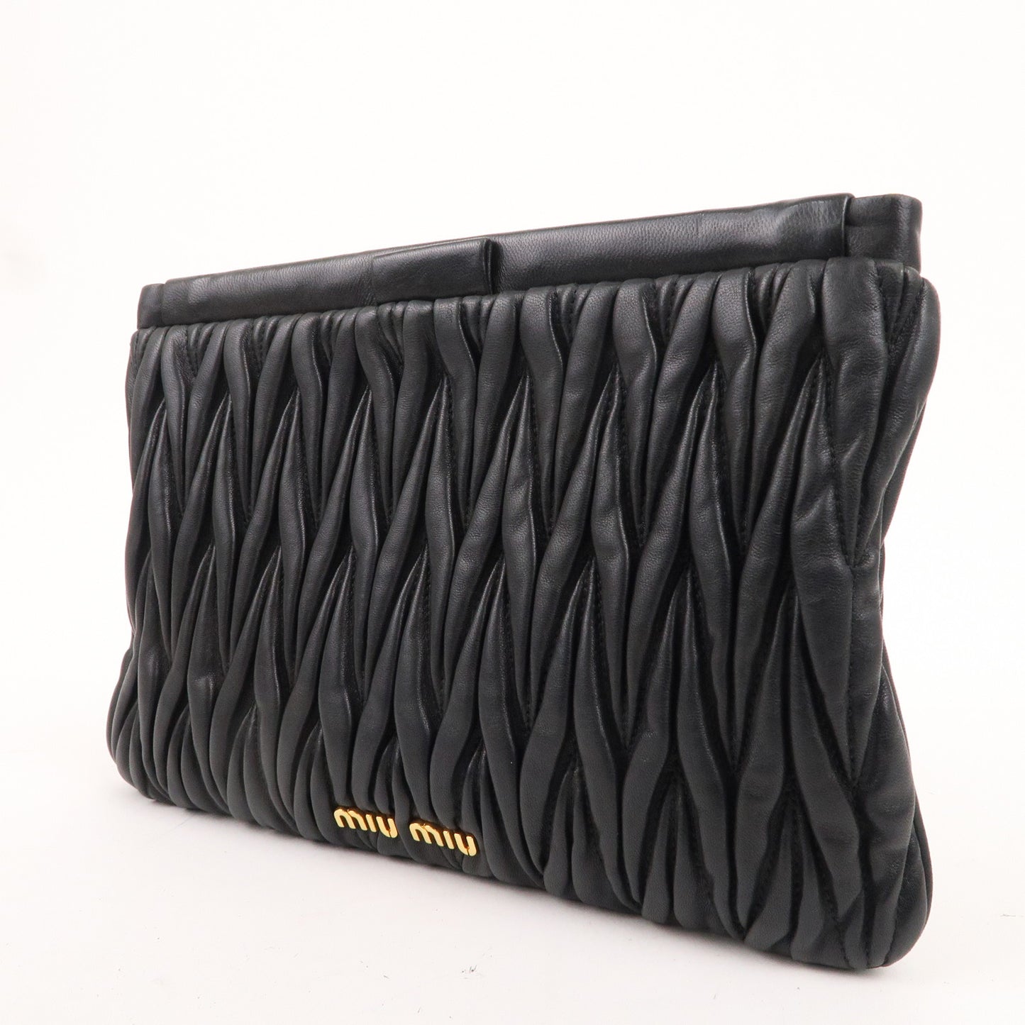 MIU MIU Matelasse Leather Gather Clutch Bag Black