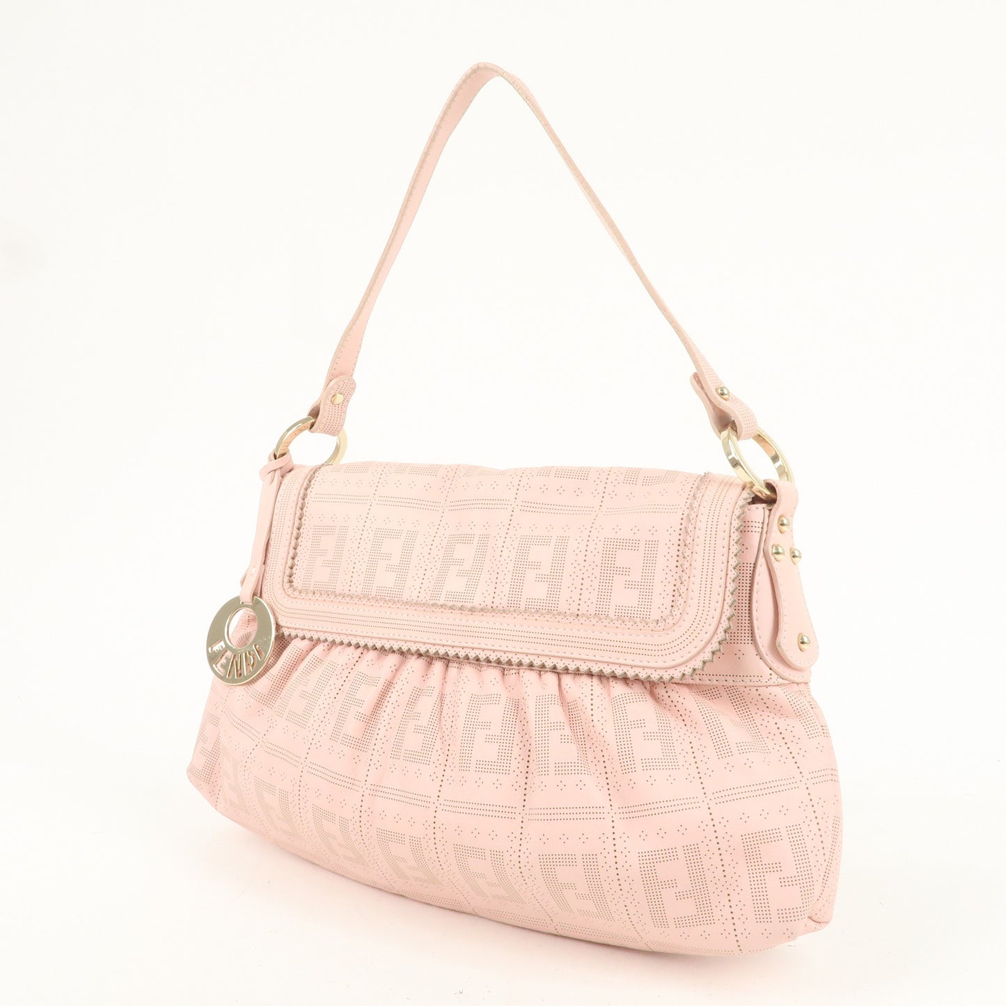 FENDI Zucca Leather Punching Shoulder Bag Pink 8BR445