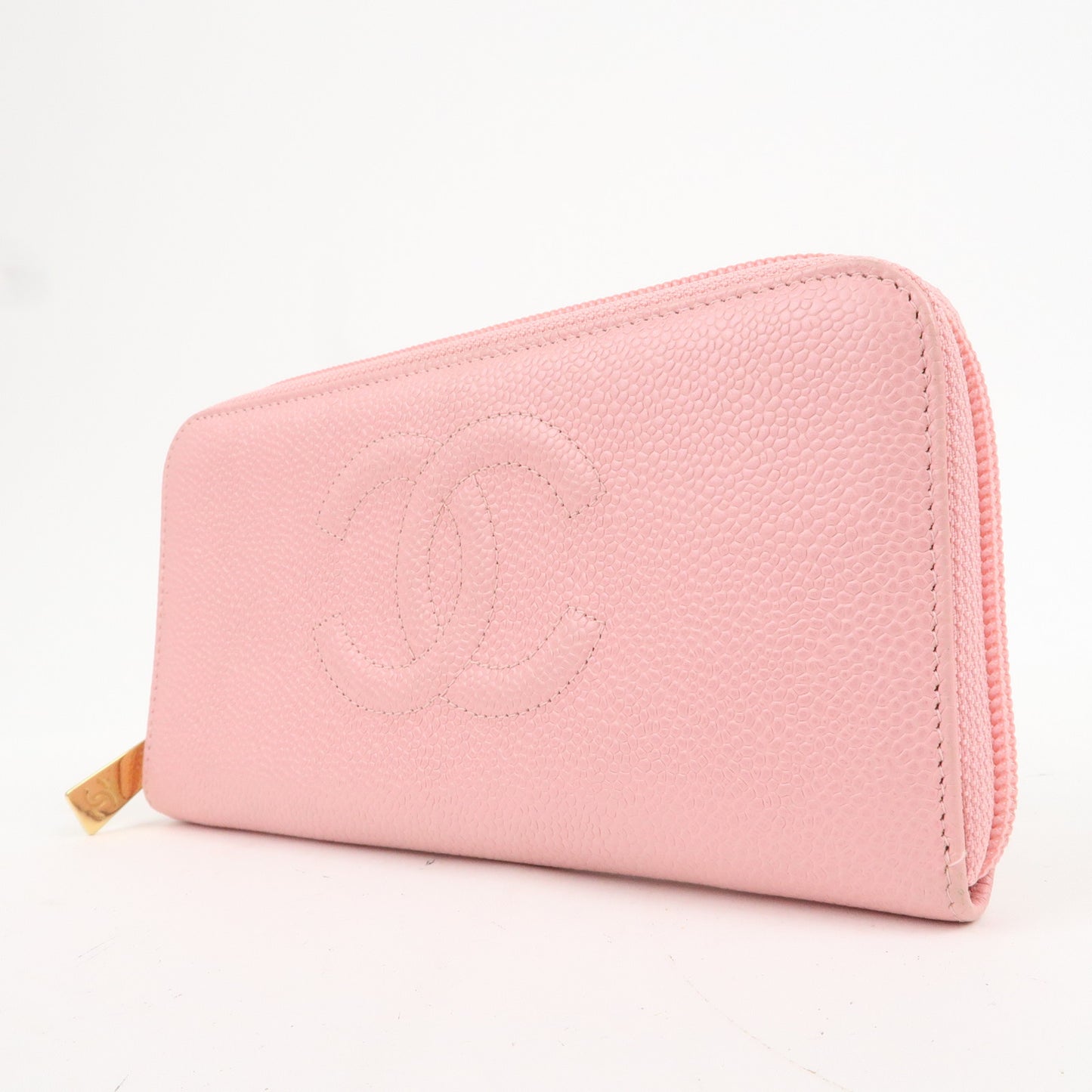 CHANEL Caviar Skin Round Zippy Long Wallet Pink A13228