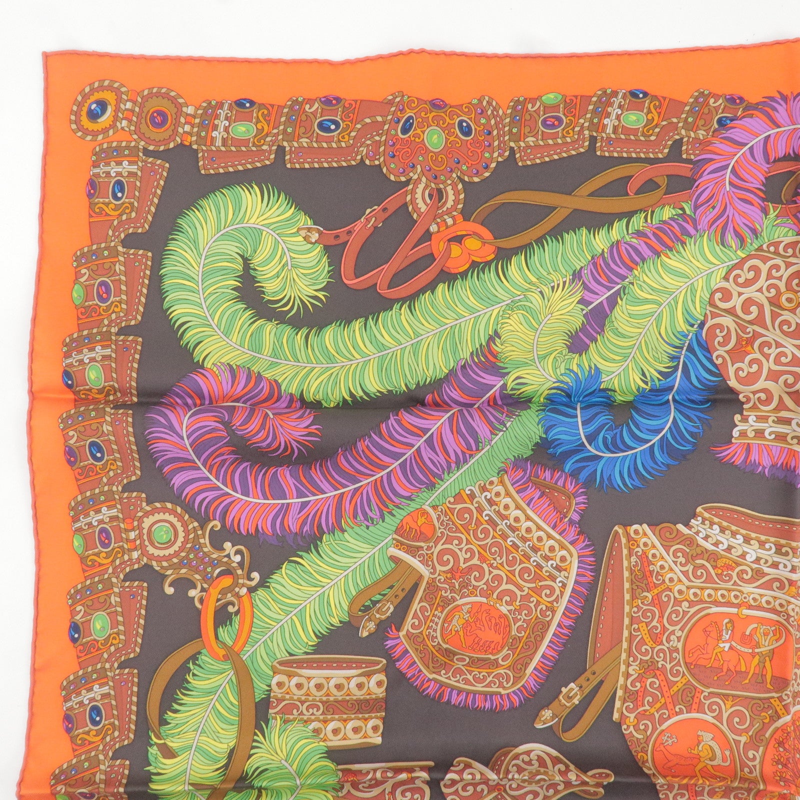 HERMES Carre 90 100% Silk  Scarf War God Mars Black Orange