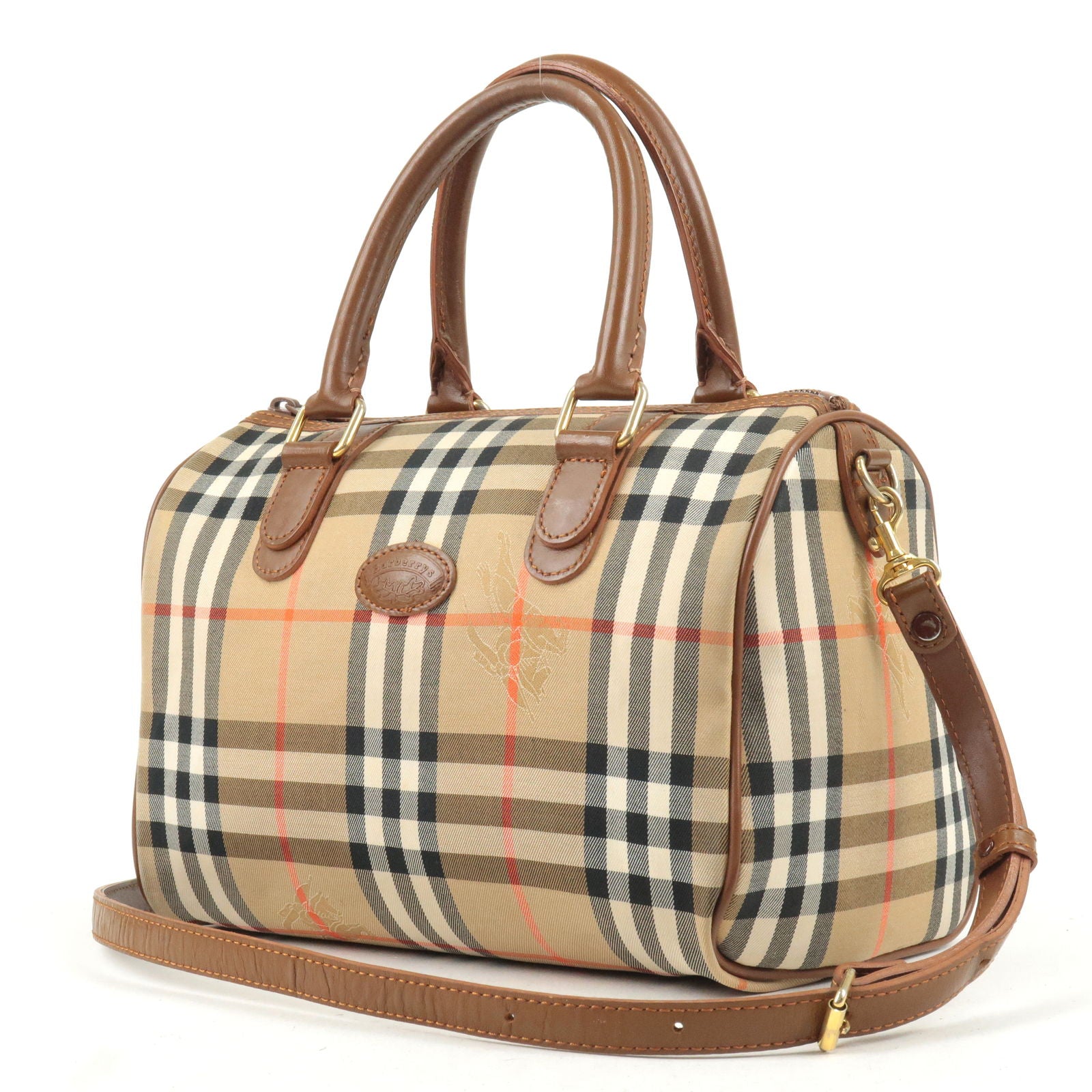 BURBERRY-Nova-Plaid-Canvas-Leather-2Way-Mini-Boston-Bag-BeigeBrown