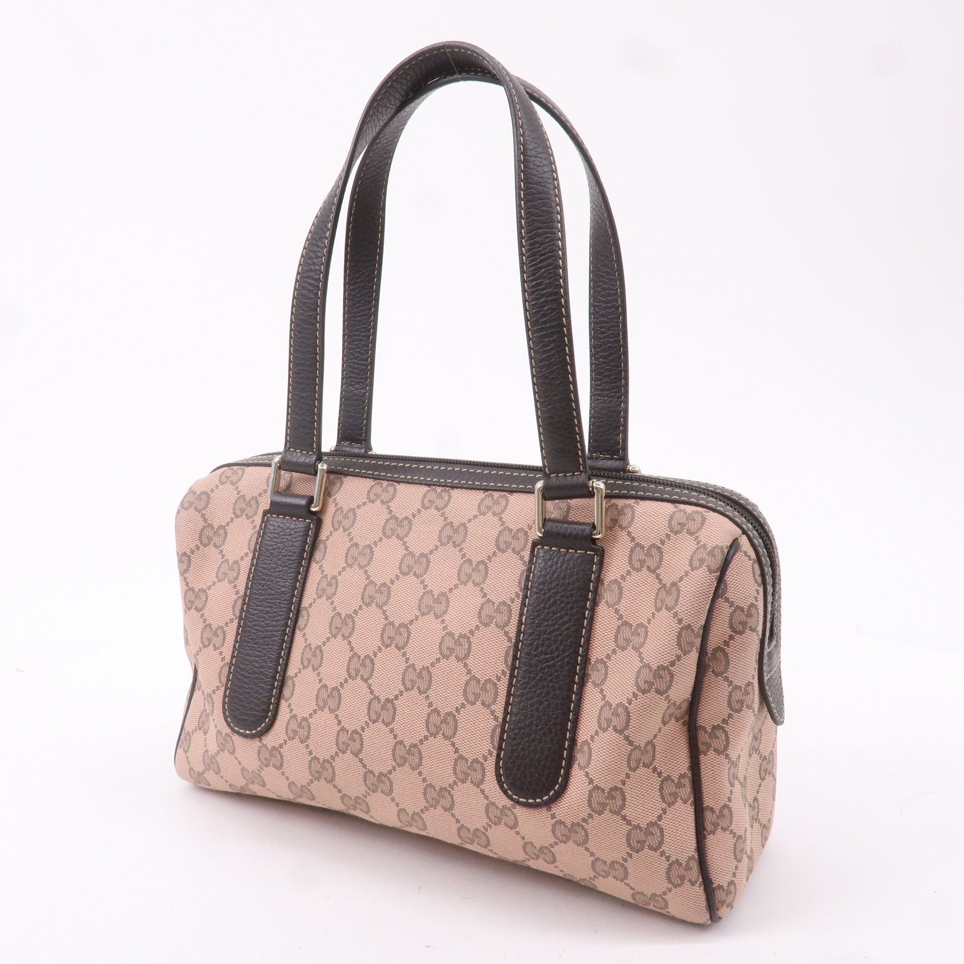 GUCCI-GG-Canvas-Leather-Boston-Bag-Hand-Bag-Pink-Dark-Brown-257289