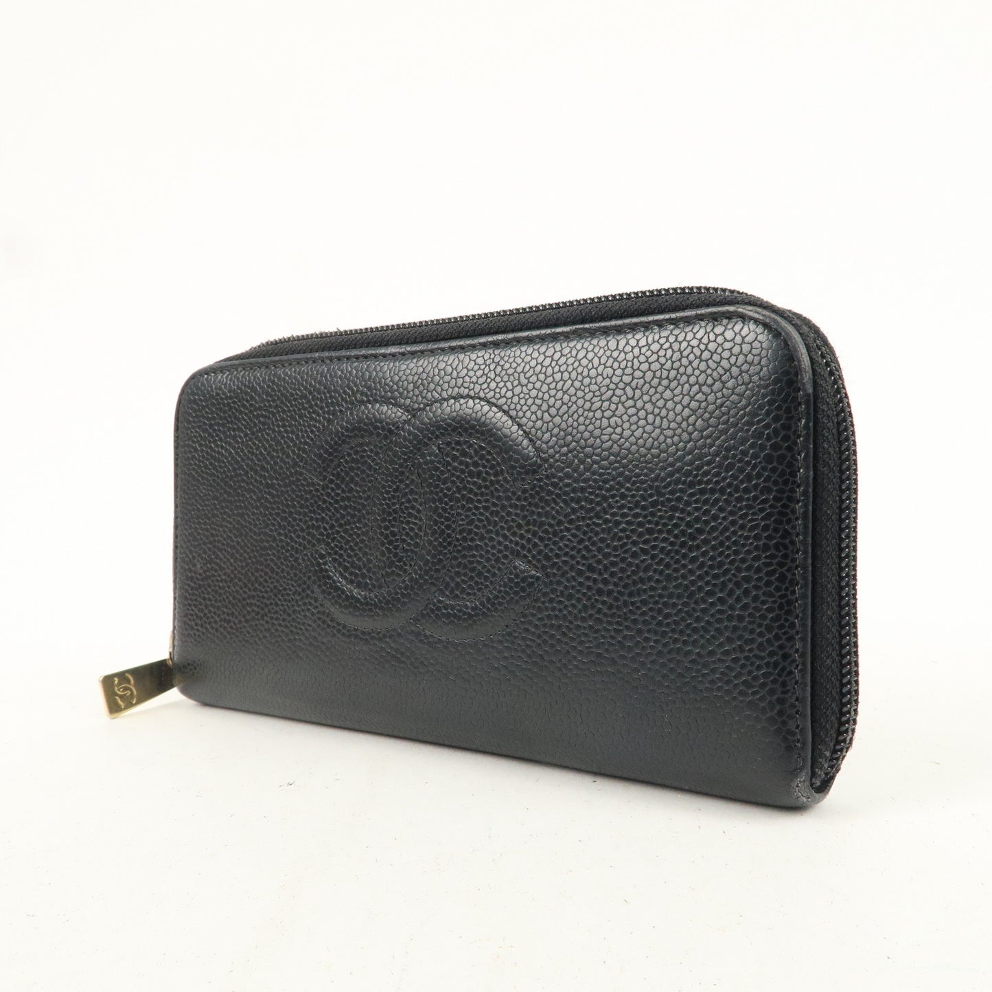 CHANEL Caviar Skin Round Zippy Long Wallet Black A13228