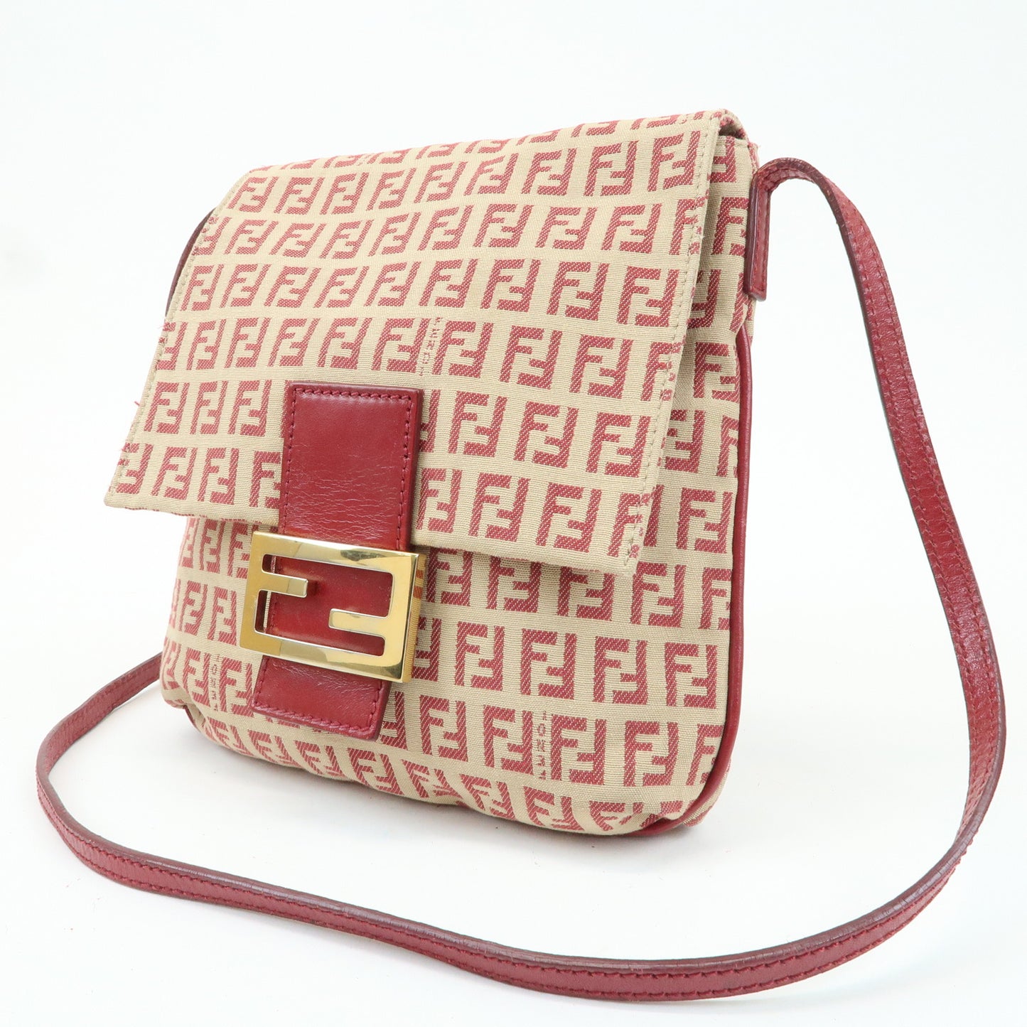 FENDI Zucchino Canvas Leather Shoulder Bag Beige Red 8BT075