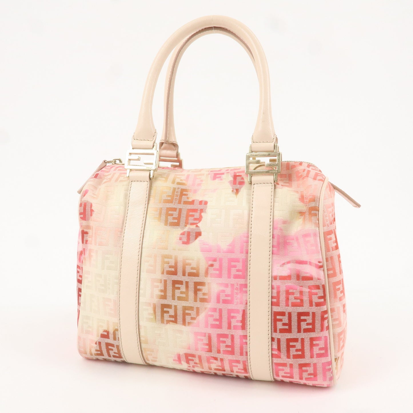 FENDI Zucchino Canvas Mini Boston Bag Ivory Beige Pink 8BL068