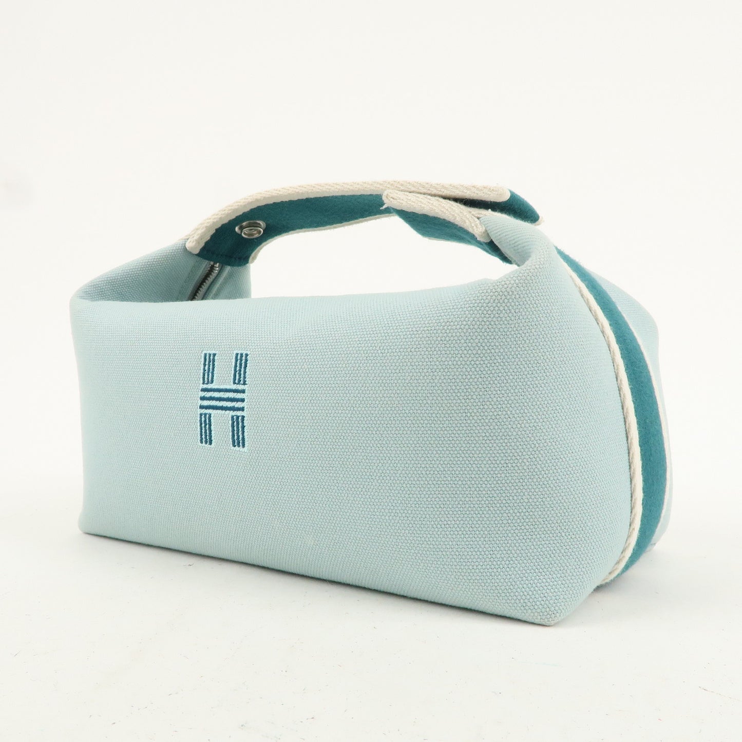 HERMES Bride A Brac PM Canvas Leather Hand Bag Pouch Light Blue