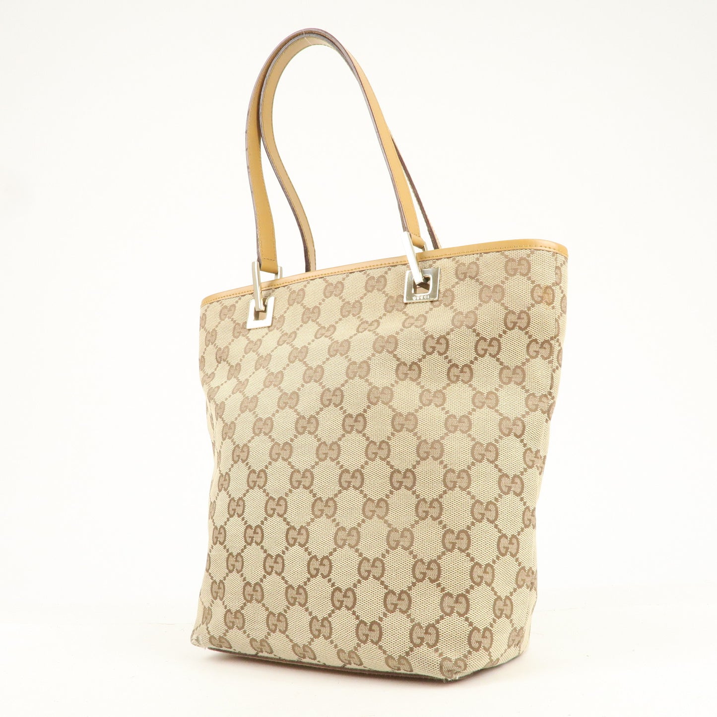 GUCCI GG Canvas Leather Tote Bag Beige Light Brown 002.1099