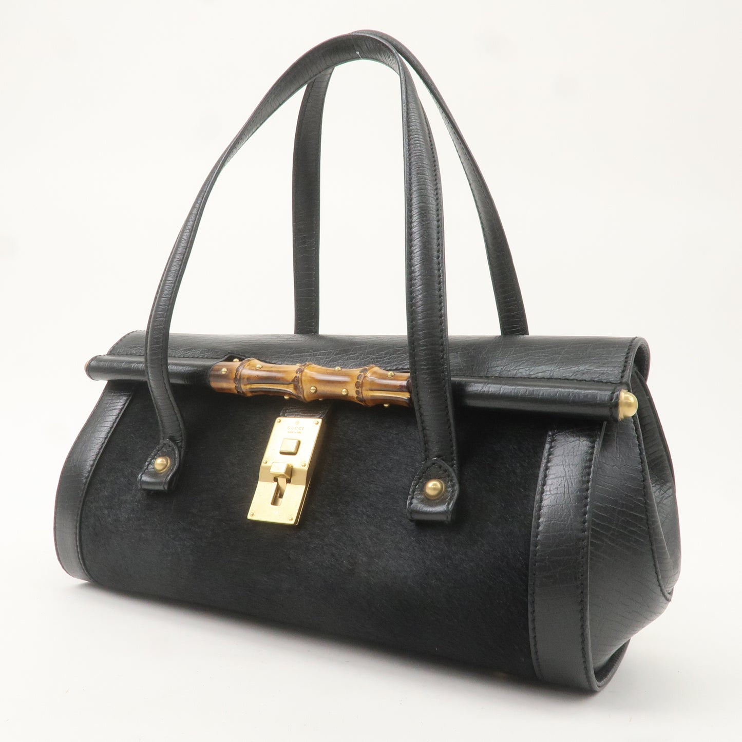 GUCCI Bamboo Leather Unborn Calf Boston Bag Black 114993