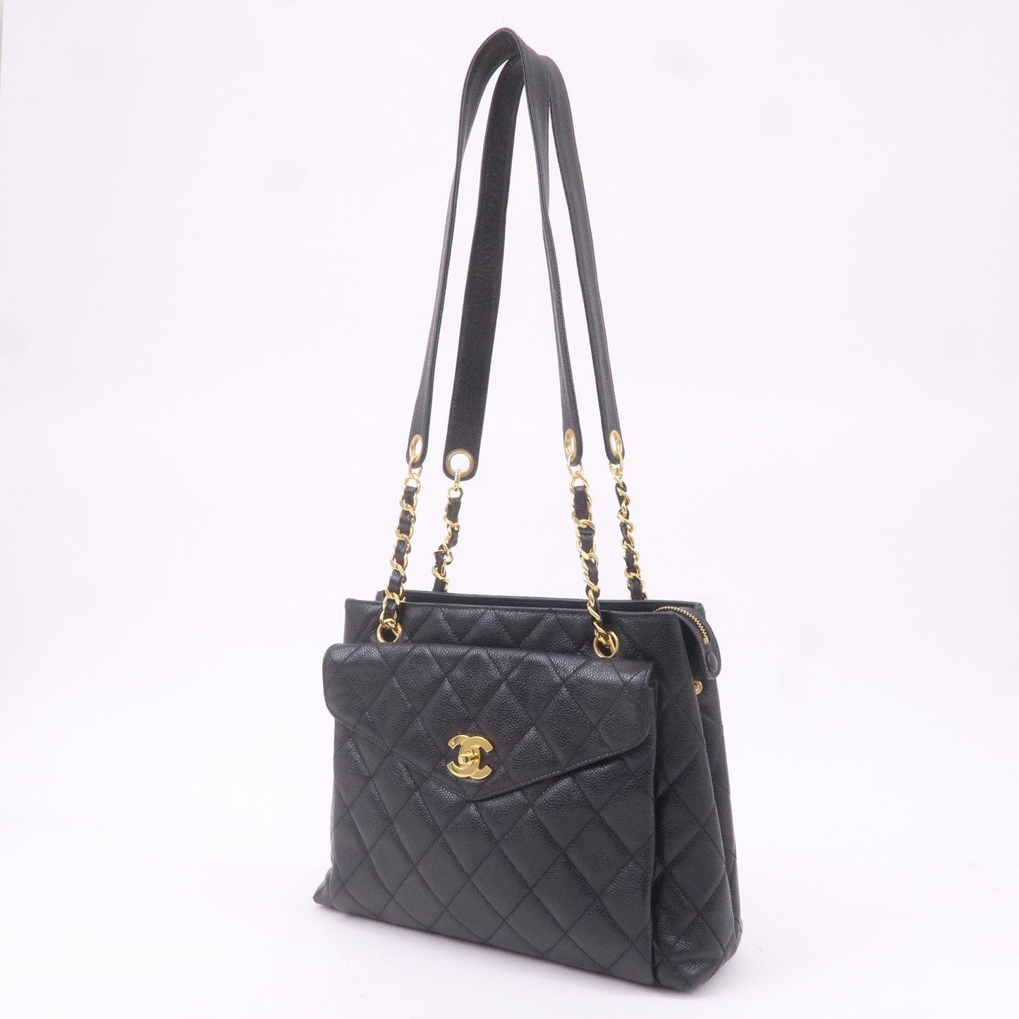 CHANEL Matelasse Caviar Skin Chain Tote Bag Black Gold HDW A06323