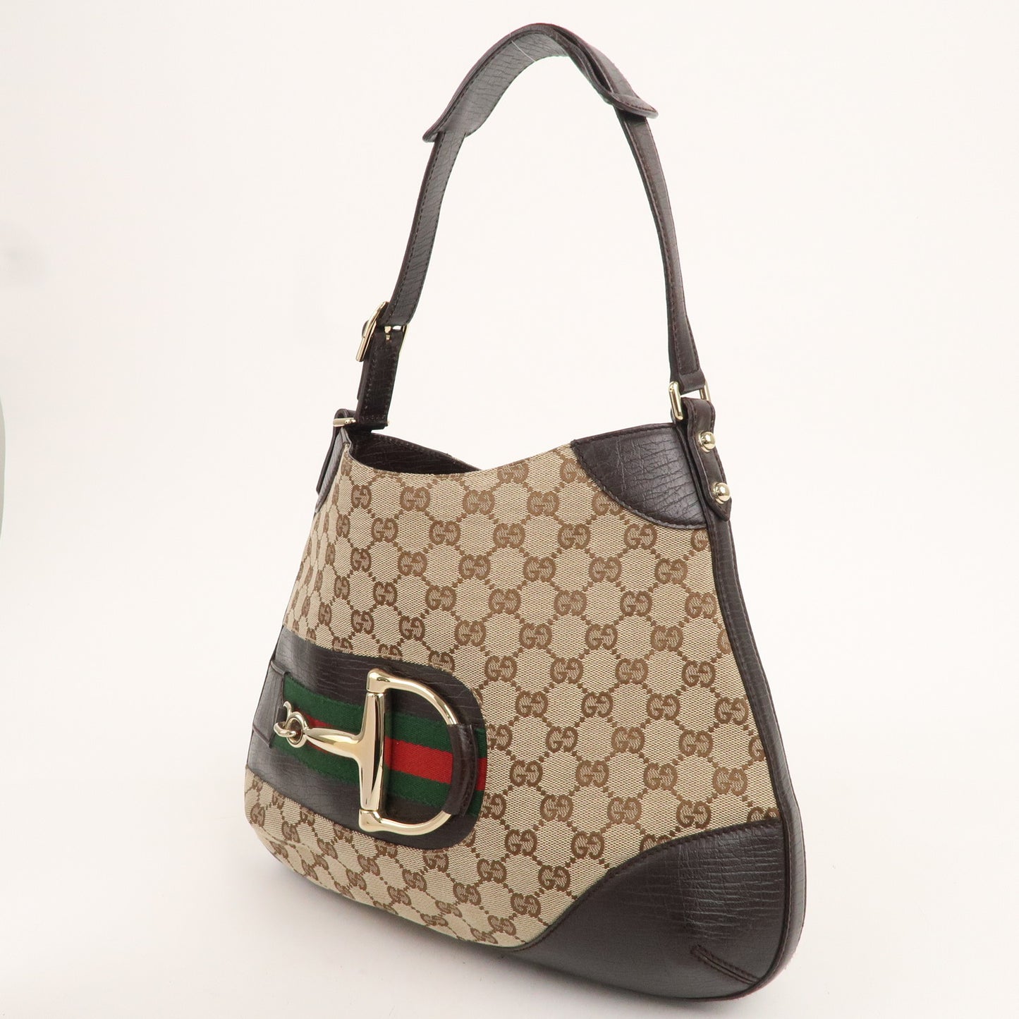 GUCCI Horsebit Sherry GG Canvas Leather Shoulder Bag Brown 137388