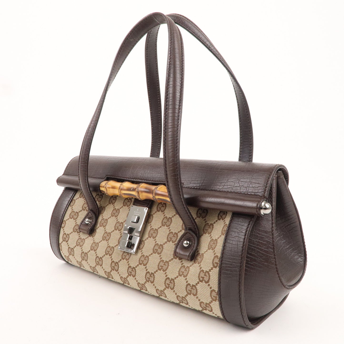 GUCCI Bamboo GG Canvas Leather Hand Bag Beige Brown 111713