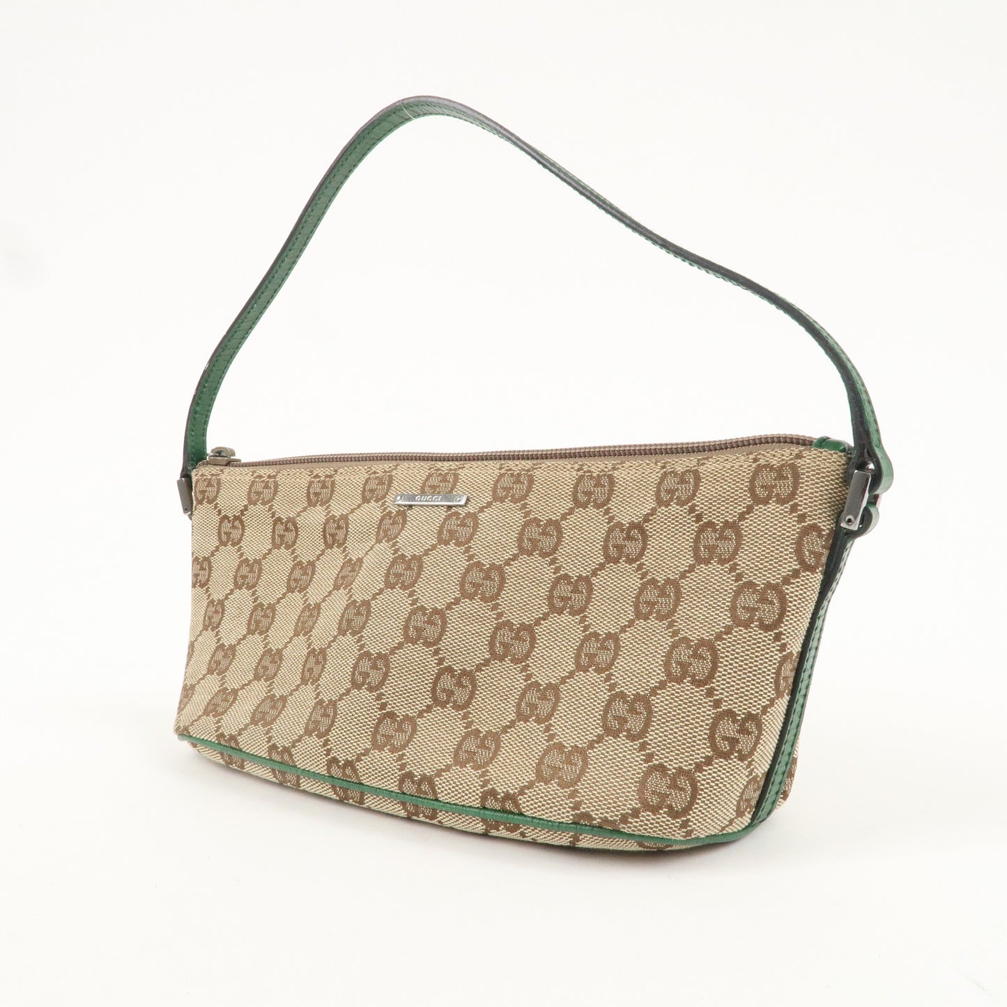GUCCI Boat Bag GG Canvas Leather Bag Pouch Beige Brown Green 7198