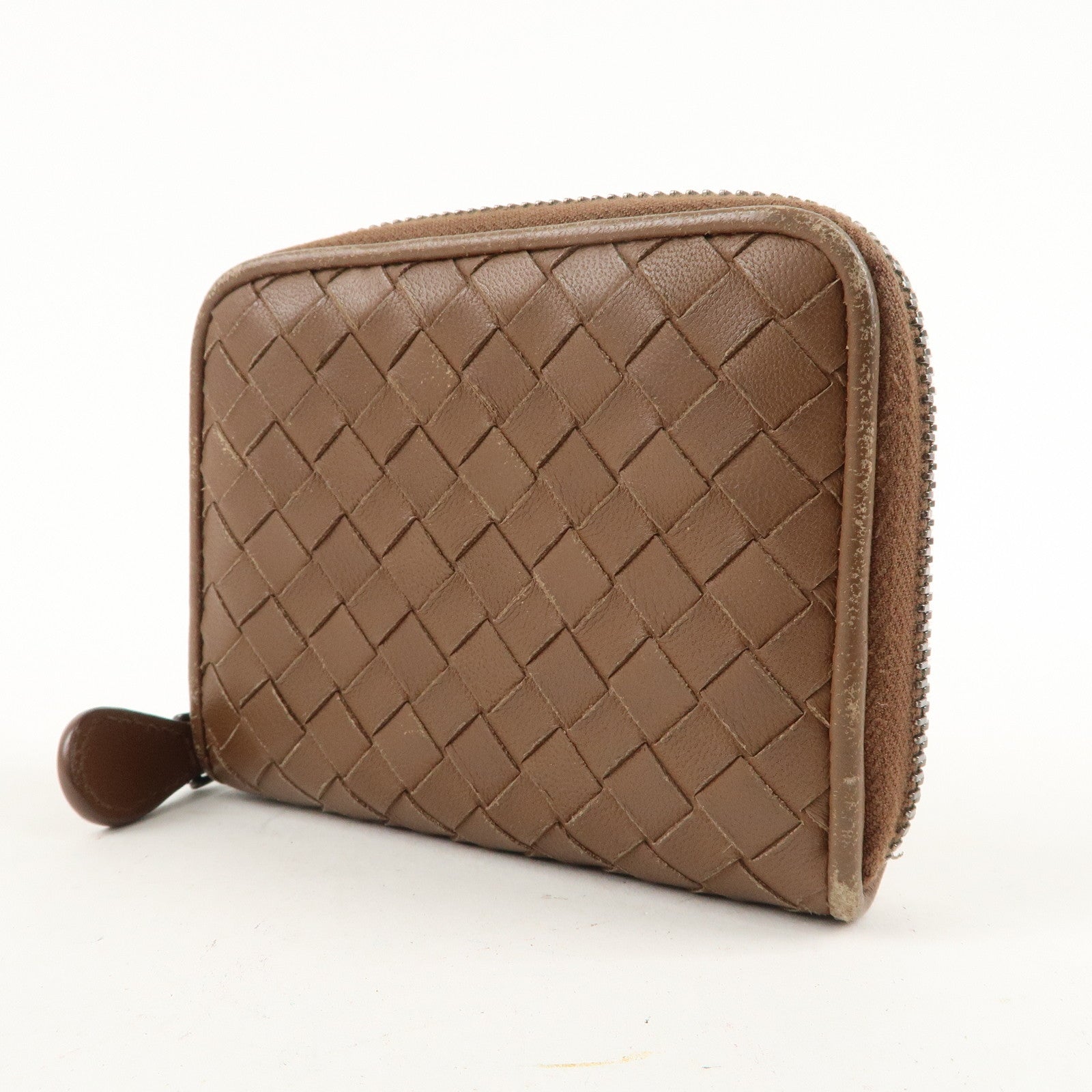 BOTTEGA VENETA Intrecciato Leather Round Zipper Coin Case Brown