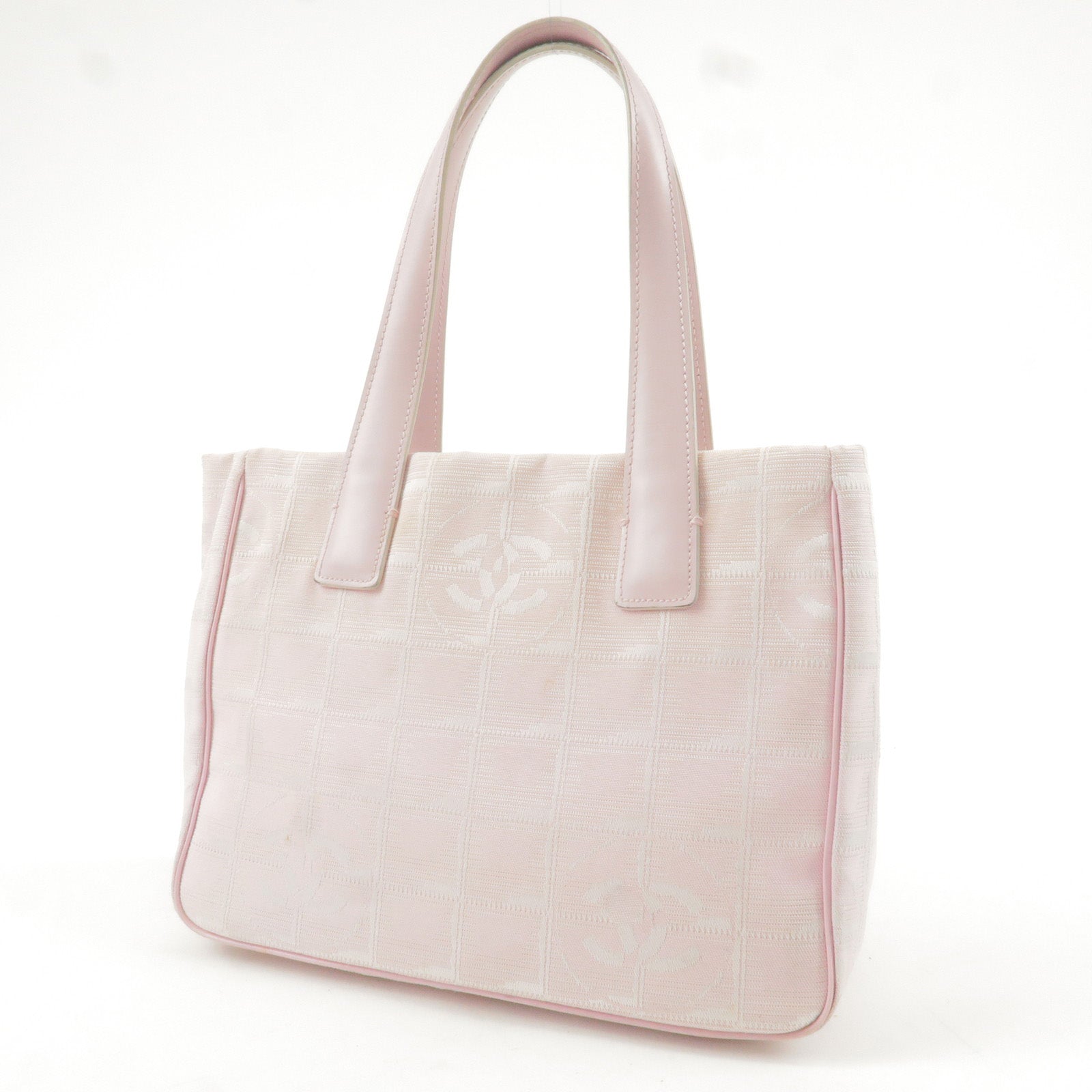 CHANEL-Travel-Line-Nylon-Jacquard-Leather-Tote-Bag-Pink