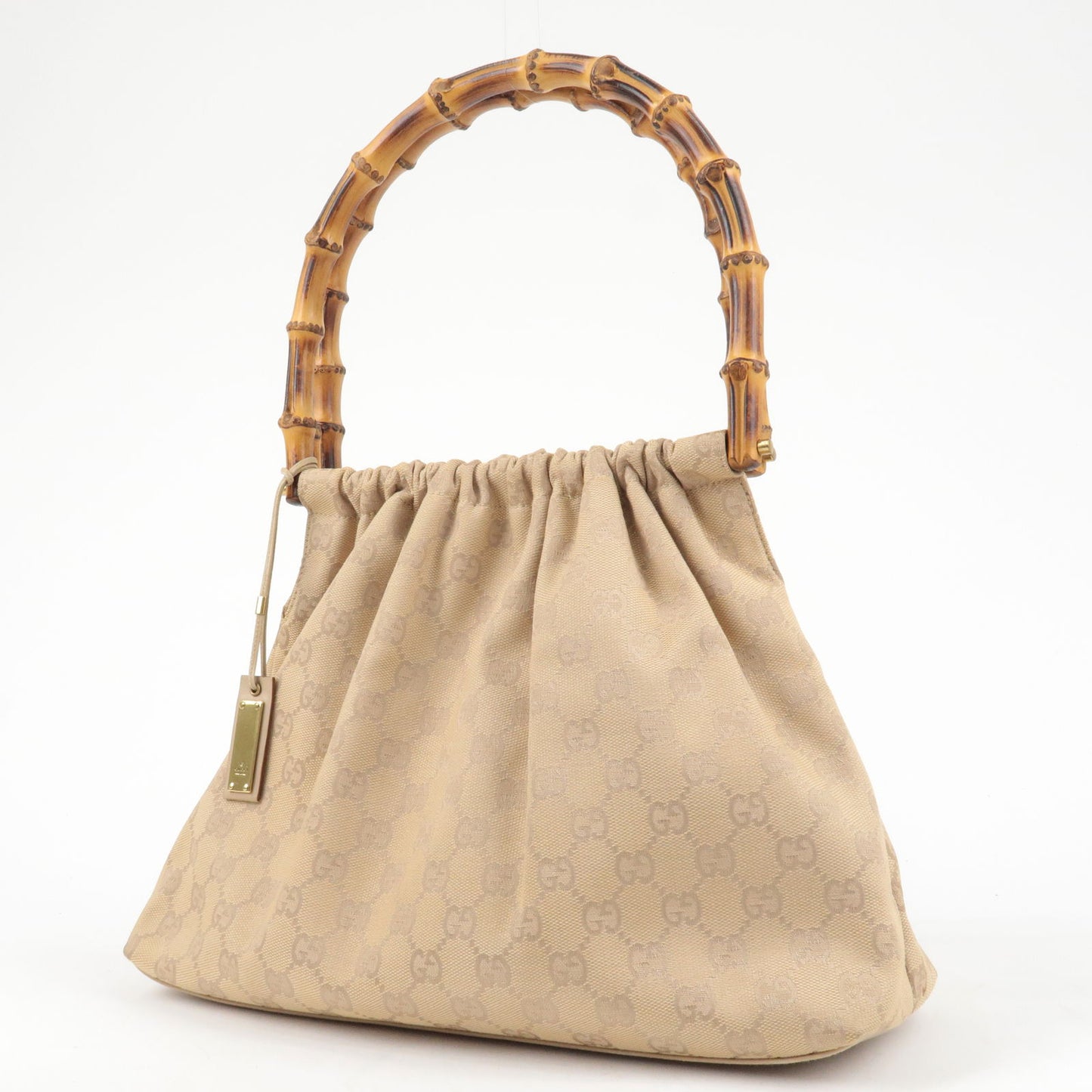 GUCCI Bamboo GG Canvas Leather Shoulder Bag Beige 92708