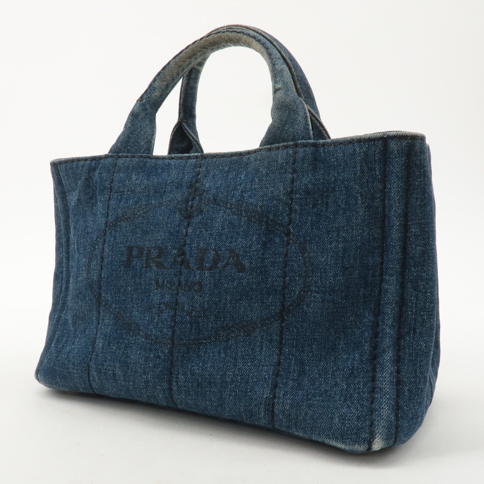 PRADA Logo Canapa Mini Denim Hand Bag Tote Bag Blue BN2439