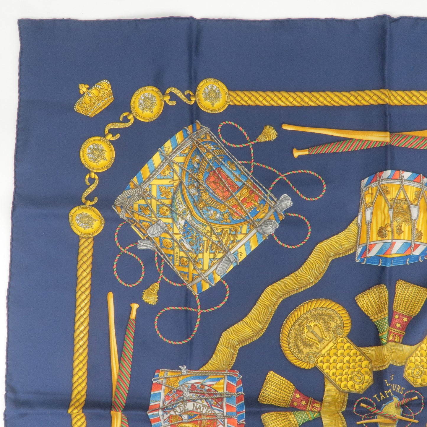 HERMES Carre 90 100% Silk Scarf Les Tambours Navy Gold
