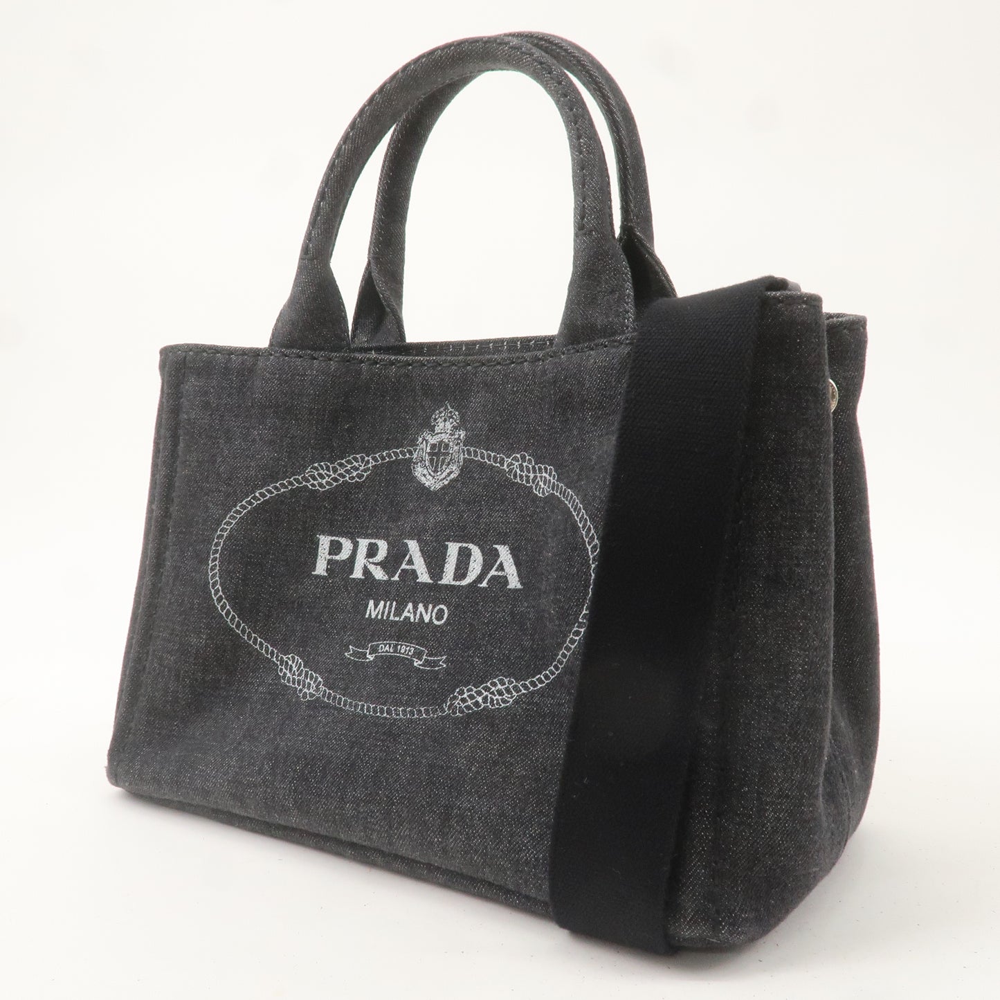 PRADA Logo Canapa Mini Canvas 2Way Hand Bag Denim Black 1BG439