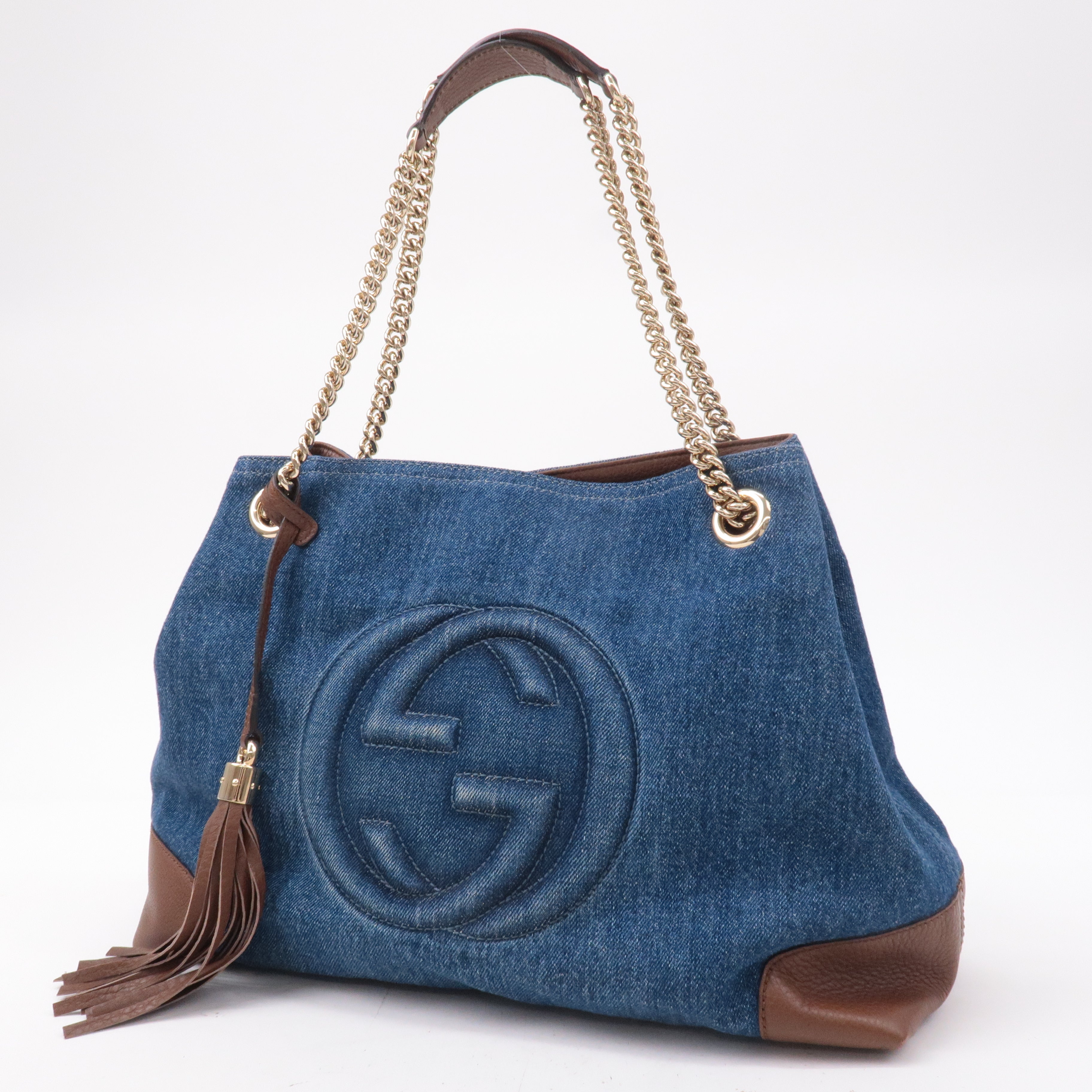 GUCCI-SOHO-Denim-Leather-Chain-Shoulder-Bag-Blue-Brown-308982 